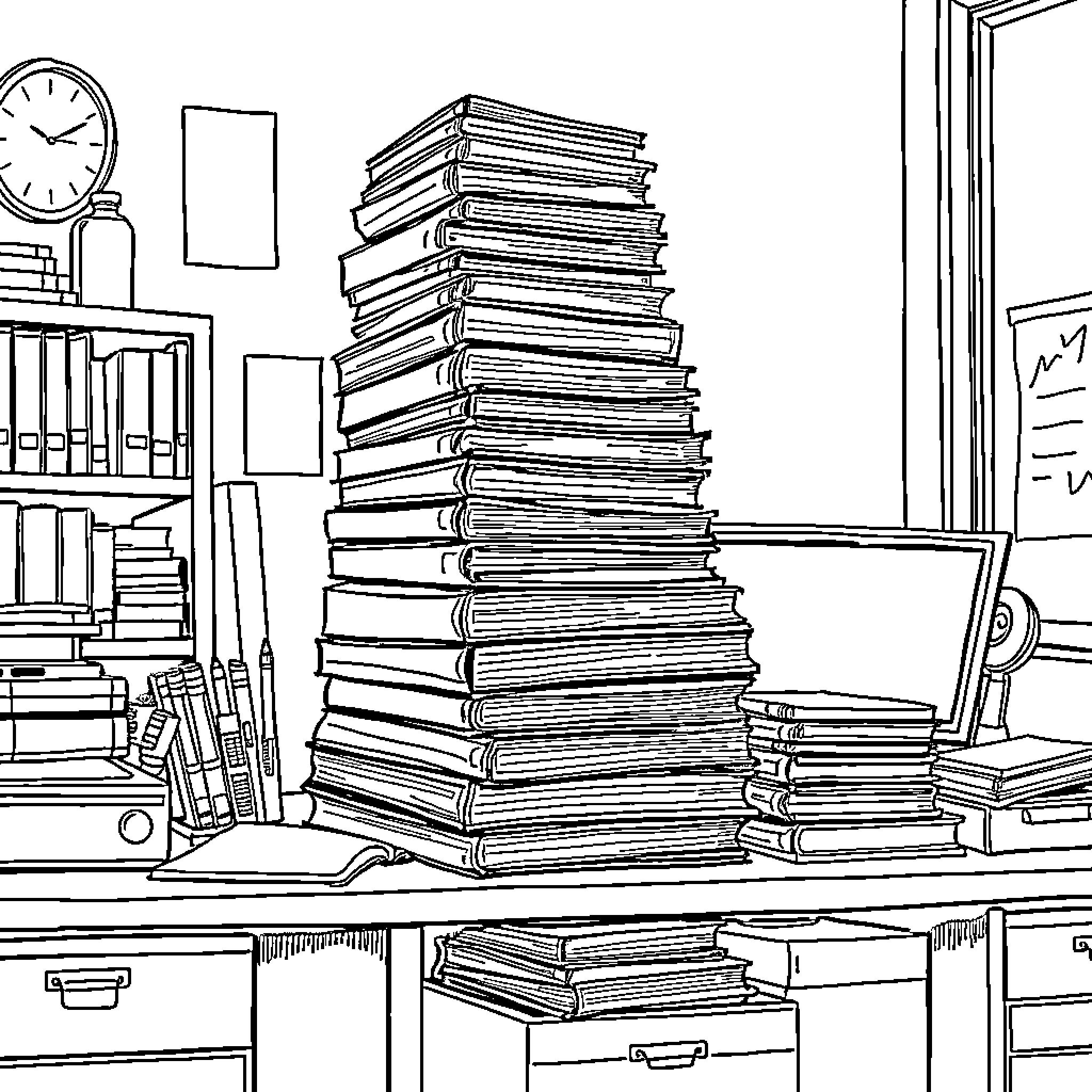 Folder of Books in Cluttered Office Space Coloring Page (free black-and-white line drawing printable PDF for all, from beginners to advanced learners, including children, teens, adults, and seniors)