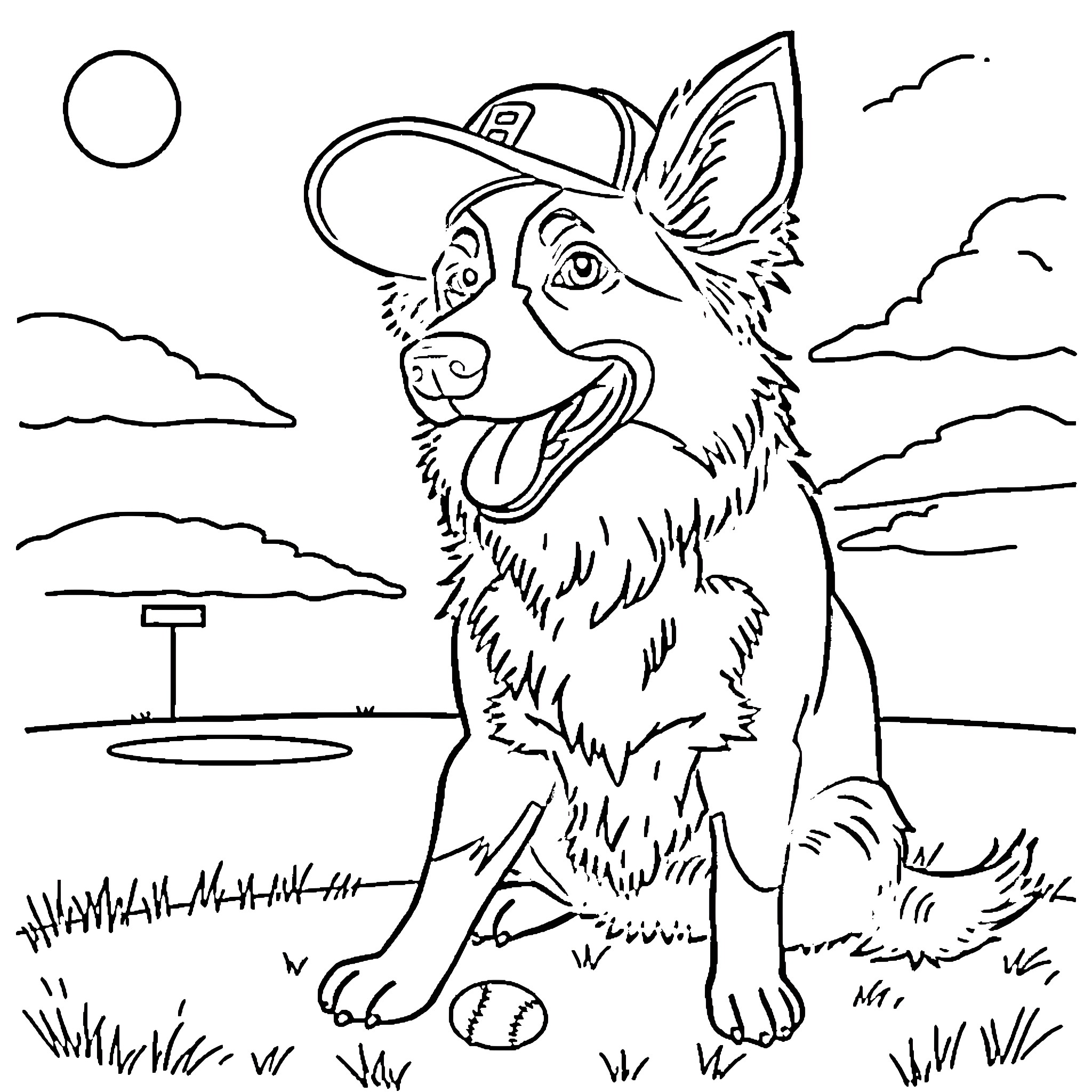 Border Collie playing fetch in a park Coloring Page (free black-and-white line drawing printable PDF for all, from beginners to advanced learners, including children, teens, adults, and seniors)