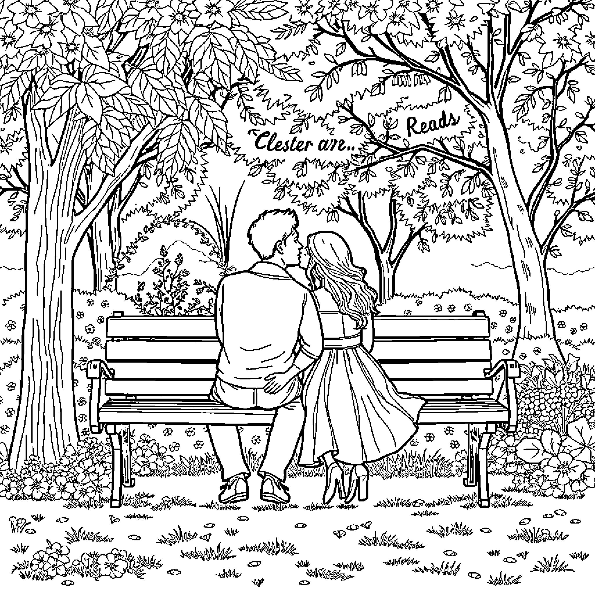 Couple enjoying a romantic moment in a park Coloring Page (free black-and-white line drawing printable PDF for all, from beginners to advanced learners, including children, teens, adults, and seniors)
