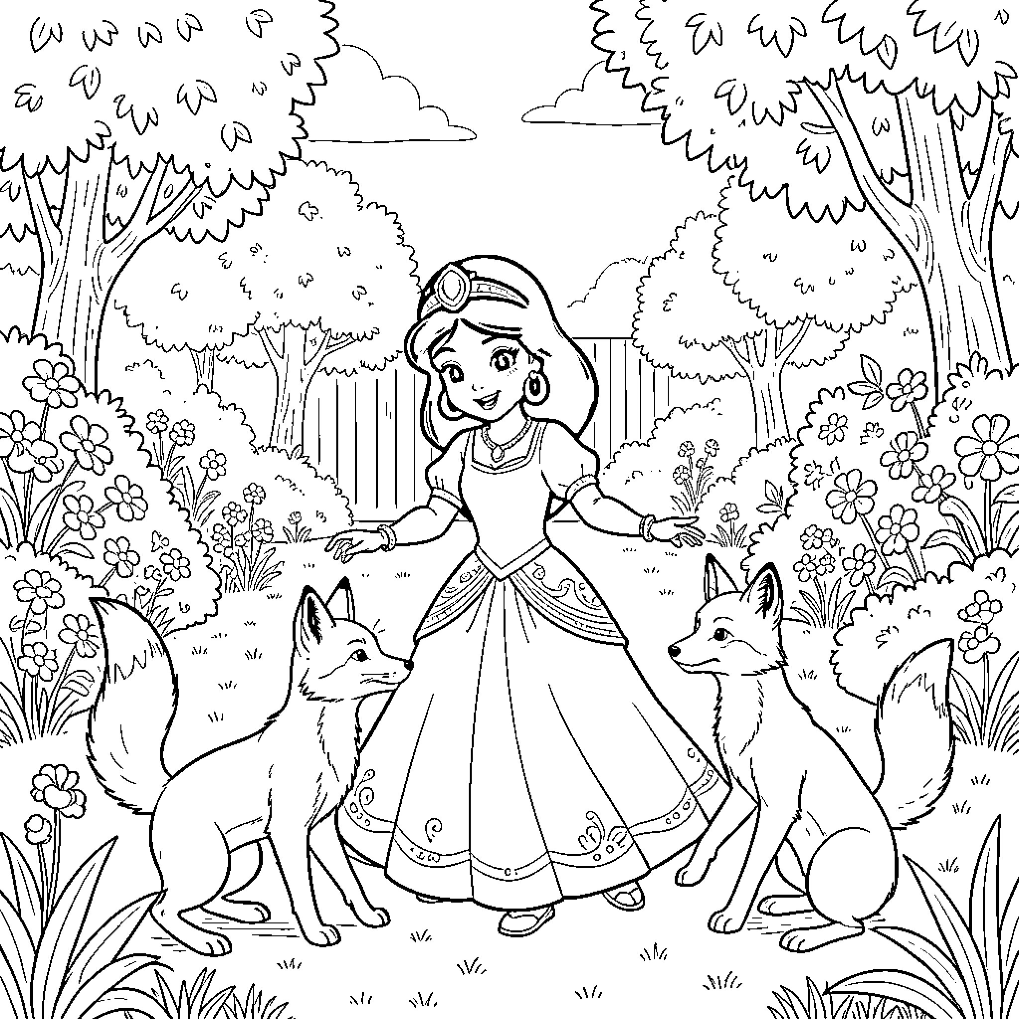 Princess Jasmine smiling with two foxes in a garden Coloring Page (free black-and-white line drawing printable PDF for all, from beginners to advanced learners, including children, teens, adults, and seniors)