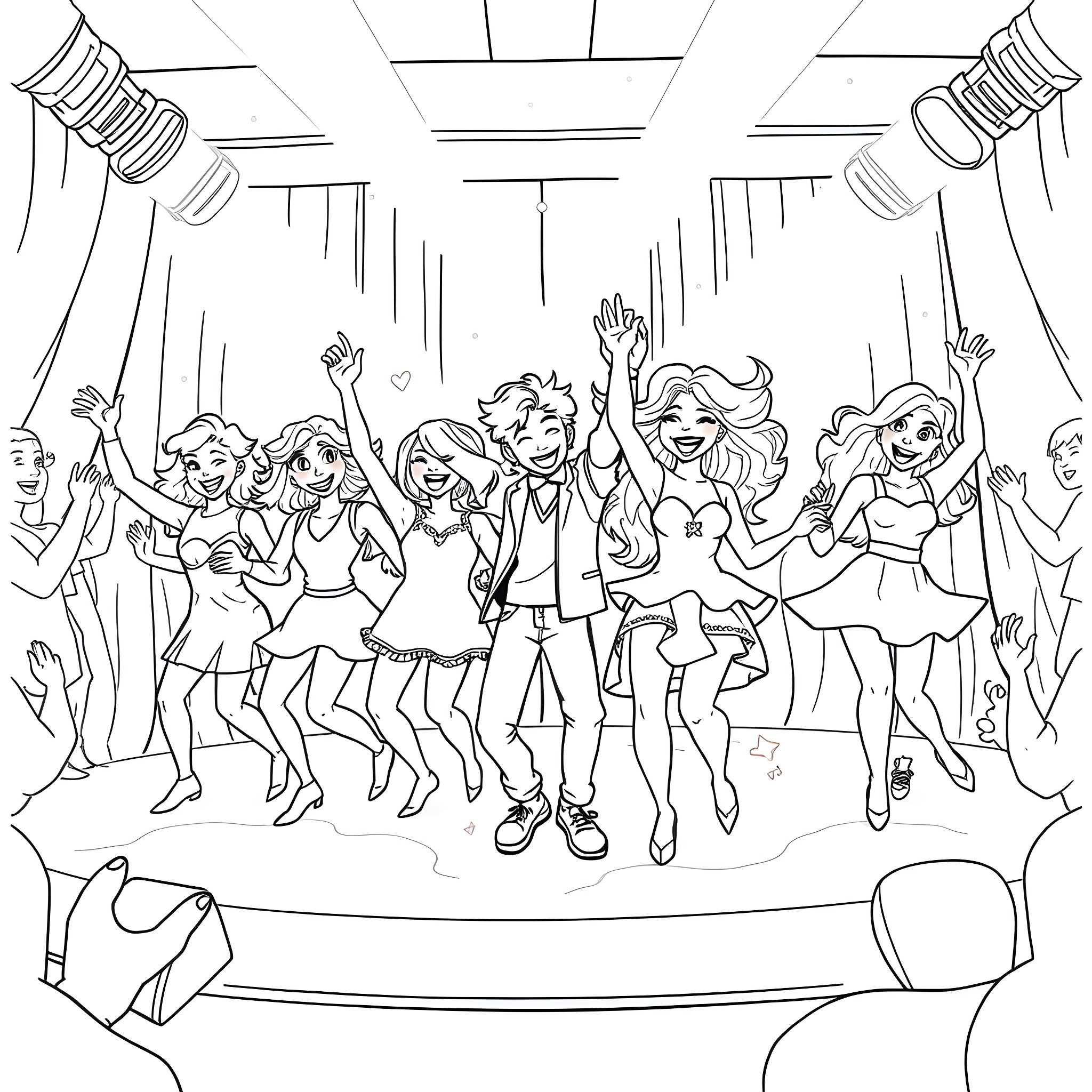 Achy Breaky Bros Joyfully Celebrating on Stage Coloring Page (free black-and-white line drawing printable PDF for all, from beginners to advanced learners, including children, teens, adults, and seniors)