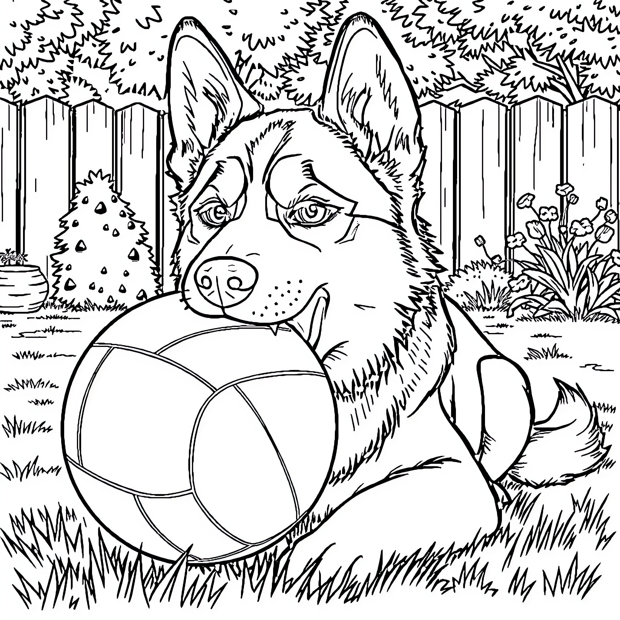 Husky playing with ball in the yard Coloring Page (free black-and-white line drawing printable PDF for all, from beginners to advanced learners, including children, teens, adults, and seniors)