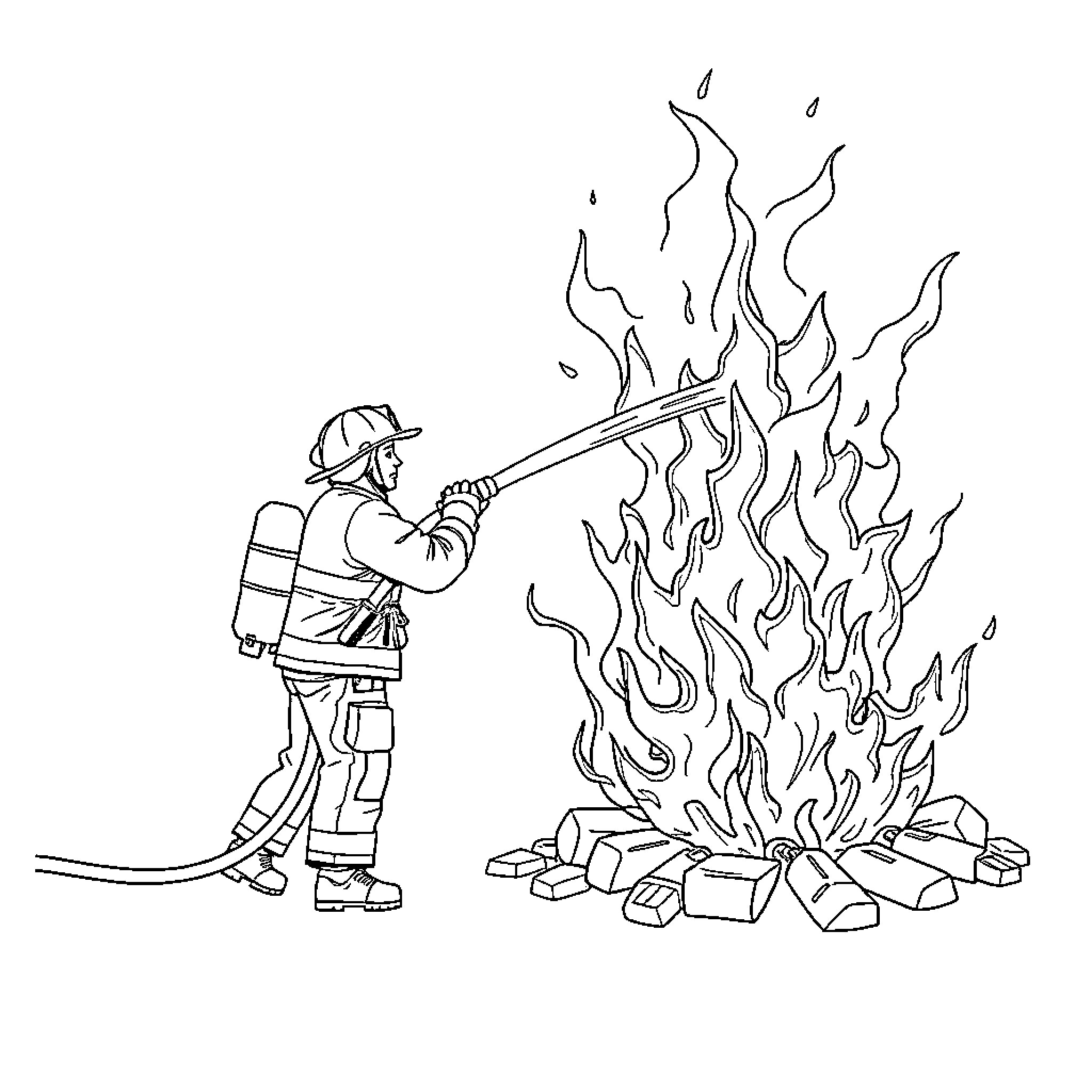 Firefighter extinguishing a blazing fire Coloring Page (free black-and-white line drawing printable PDF for all, from beginners to advanced learners, including children, teens, adults, and seniors)