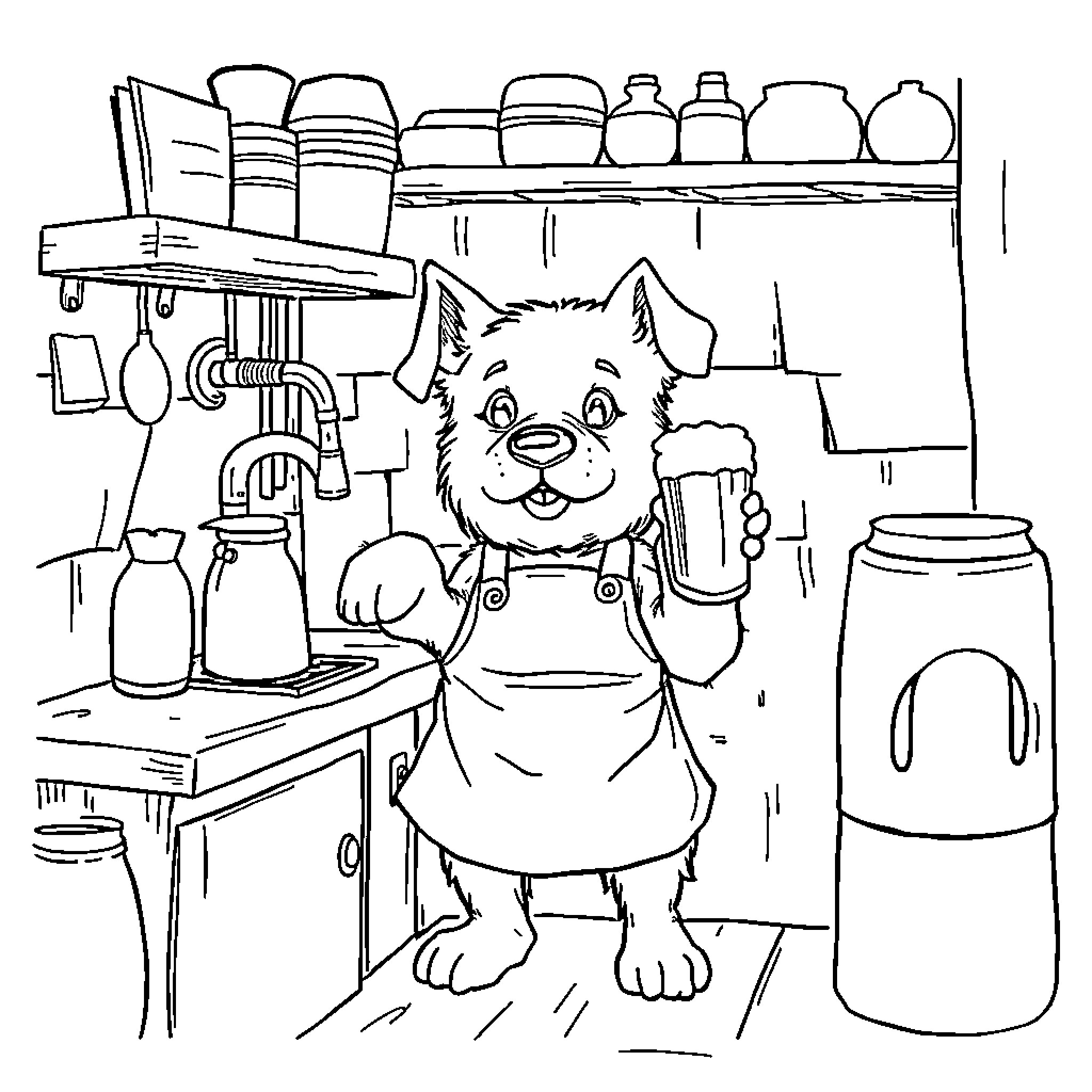 Dog Cooking in the Kitchen Coloring Page (free black-and-white line drawing printable PDF for all, from beginners to advanced learners, including children, teens, adults, and seniors)