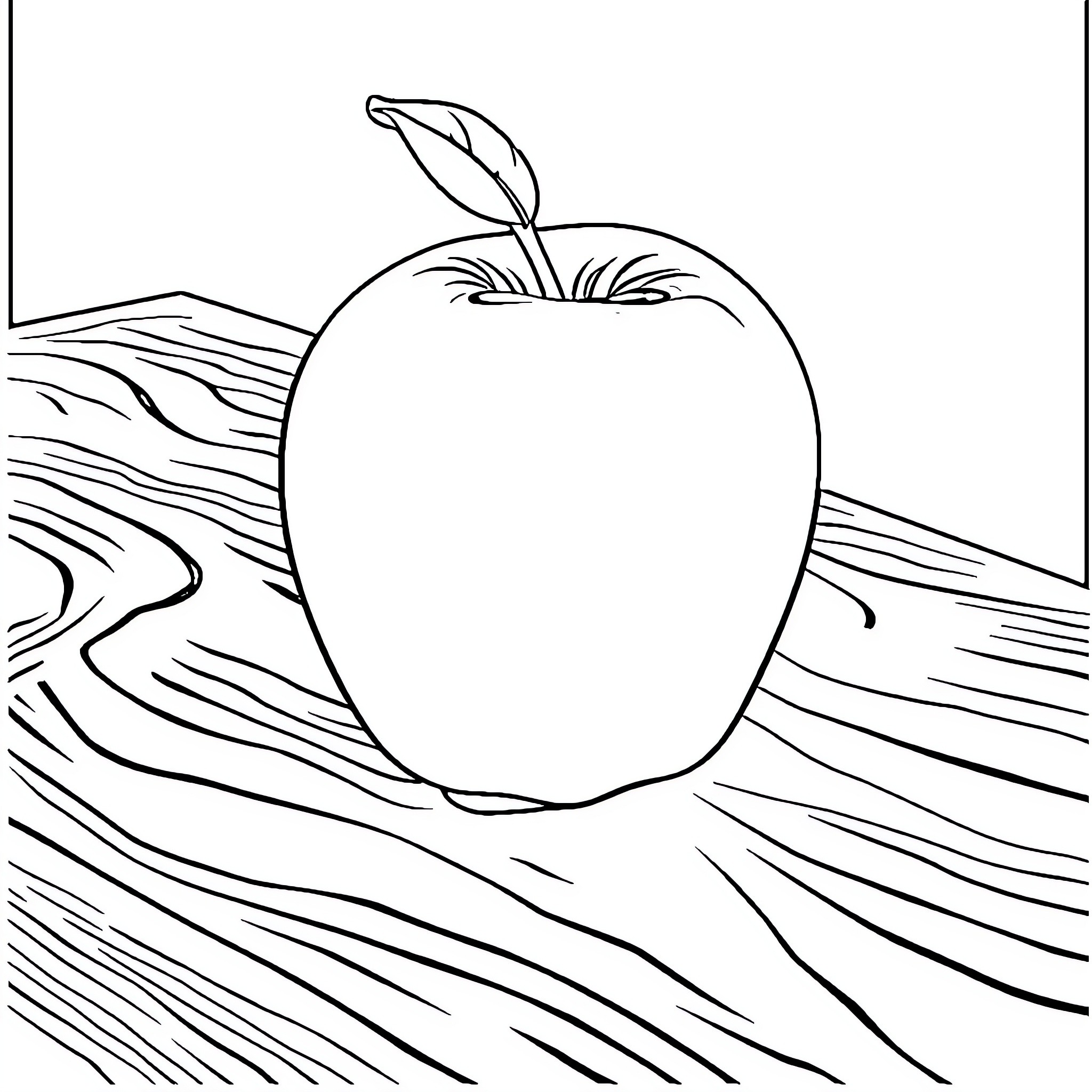 Apple on a Wooden Surface Coloring Page (free black-and-white line drawing printable PDF for all, from beginners to advanced learners, including children, teens, adults, and seniors)