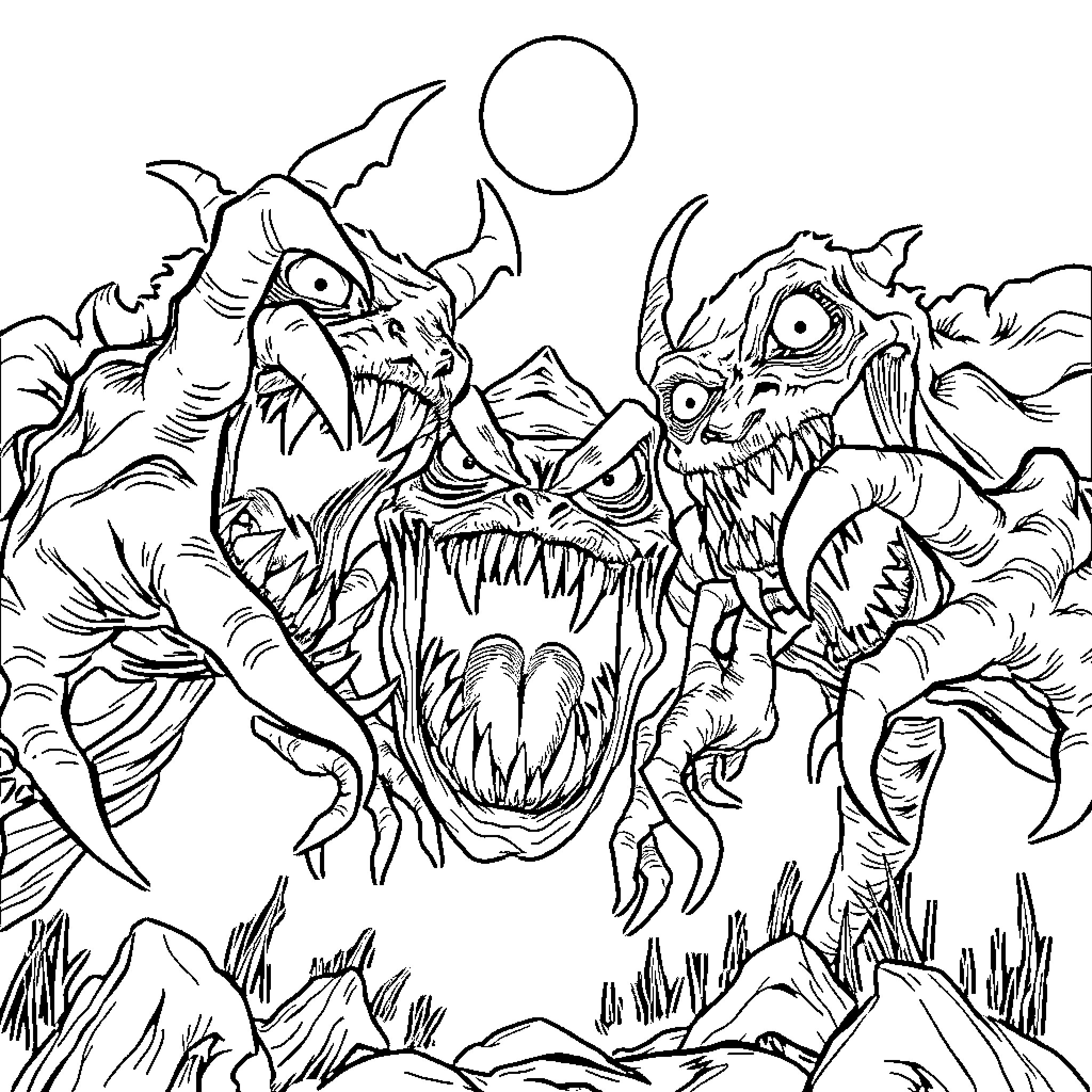 Monster duo clashing in an intense battle Coloring Page (free black-and-white line drawing printable PDF for all, from beginners to advanced learners, including children, teens, adults, and seniors)