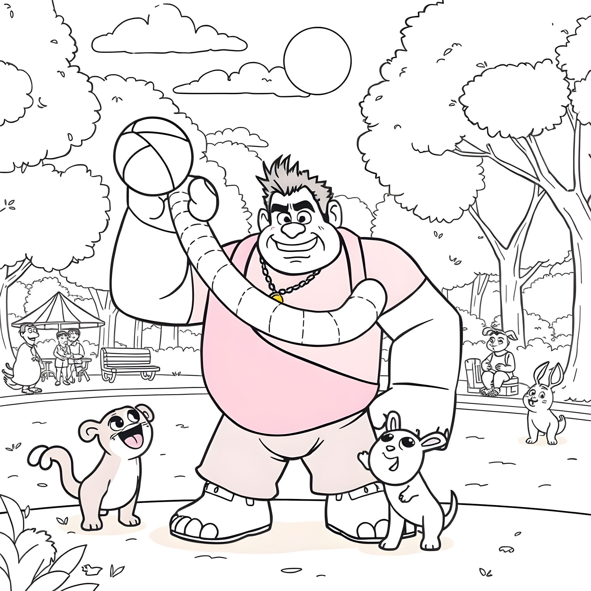Wreck it Ralph playing with his friends in the park Coloring Page (free black-and-white line drawing printable PDF for all, from beginners to advanced learners, including children, teens, adults, and seniors)