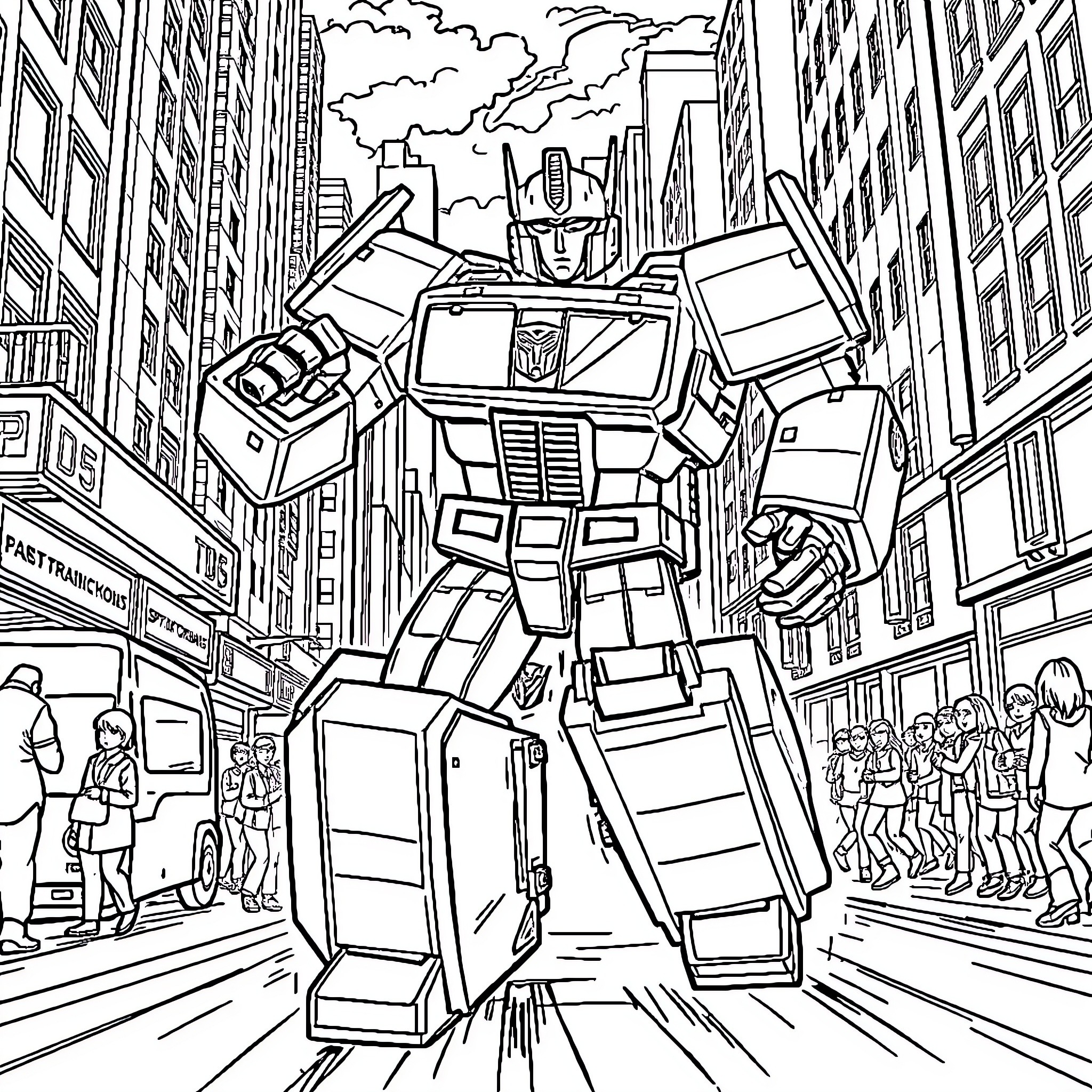 Optimus Prime Transforming in the City Coloring Page (free black-and-white line drawing printable PDF for all, from beginners to advanced learners, including children, teens, adults, and seniors)