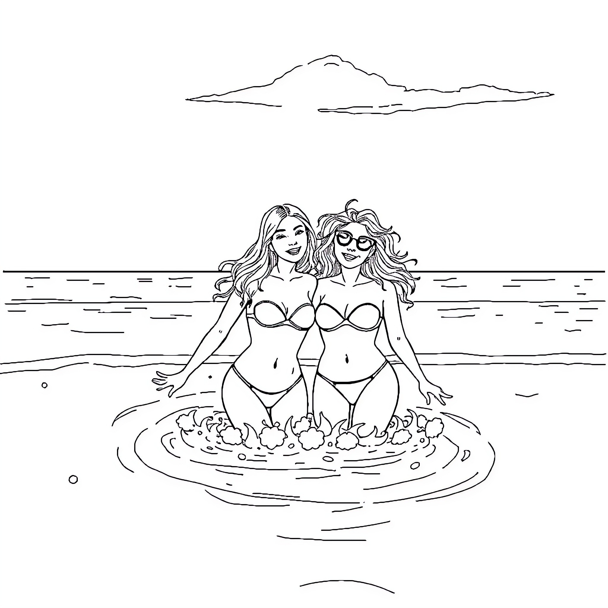 Playa friends enjoy relaxing at the beach Coloring Page (free black-and-white line drawing printable PDF for all, from beginners to advanced learners, including children, teens, adults, and seniors)