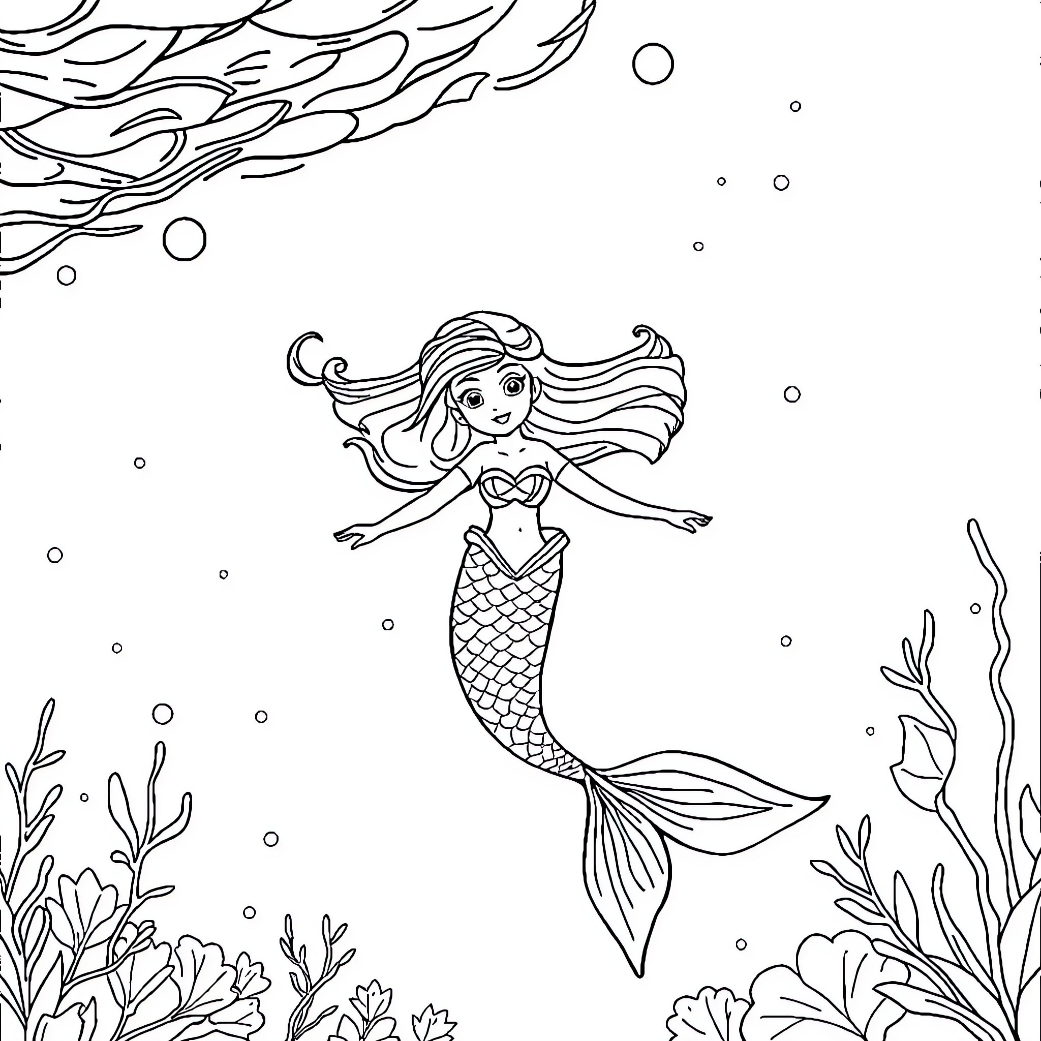 Mermaid swimming gracefully in the underwater scene Coloring Page (free black-and-white line drawing printable PDF for all, from beginners to advanced learners, including children, teens, adults, and seniors)