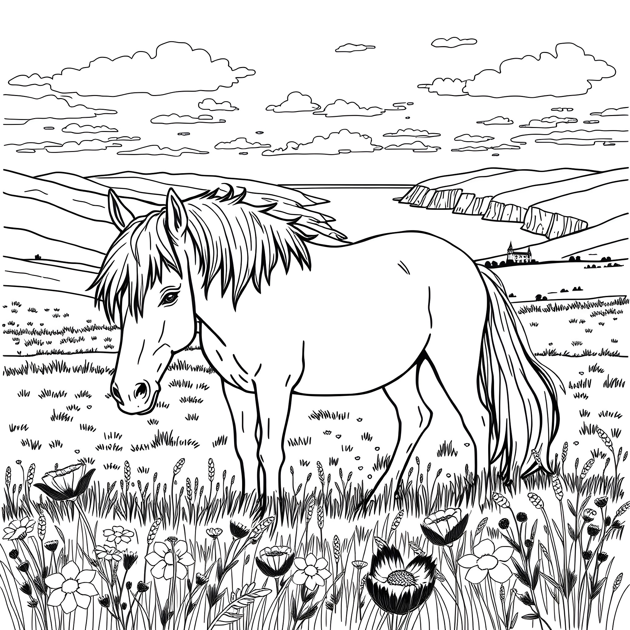 Horse grazing peacefully in a lush meadow Coloring Page (free black-and-white line drawing printable PDF for all, from beginners to advanced learners, including children, teens, adults, and seniors)