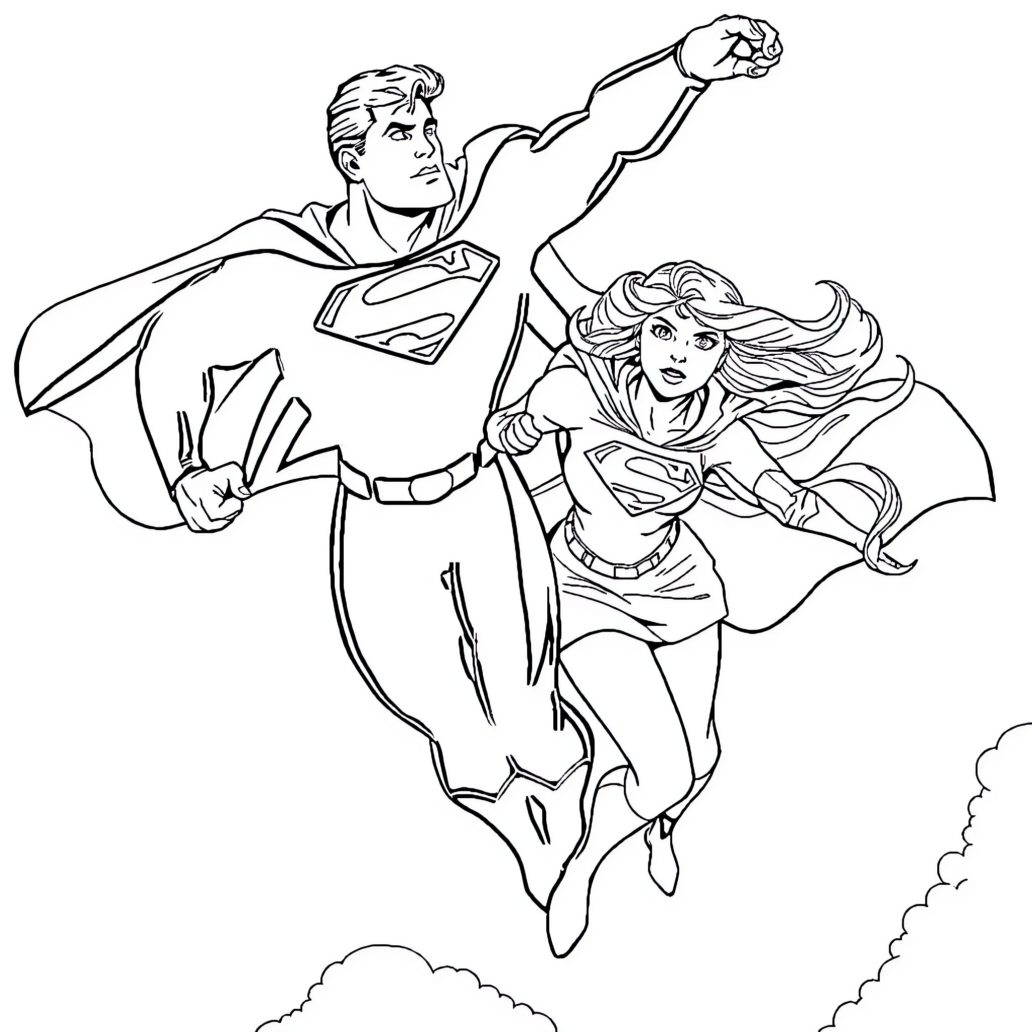 Superman and Supergirl soaring through the sky Coloring Page (free black-and-white line drawing printable PDF for all, from beginners to advanced learners, including children, teens, adults, and seniors)
