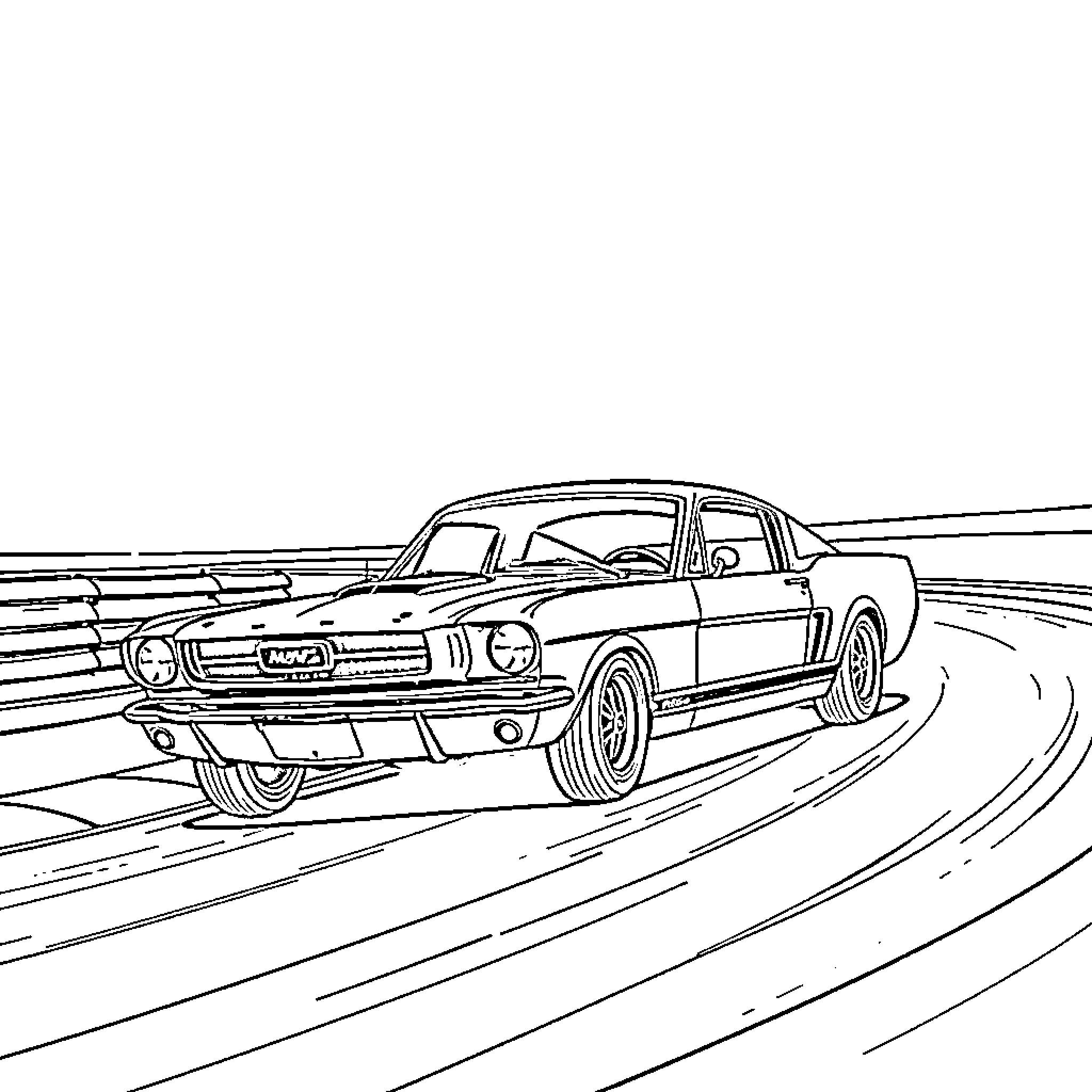 Ford Mustang racing down winding road Coloring Page (free black-and-white line drawing printable PDF for all, from beginners to advanced learners, including children, teens, adults, and seniors)