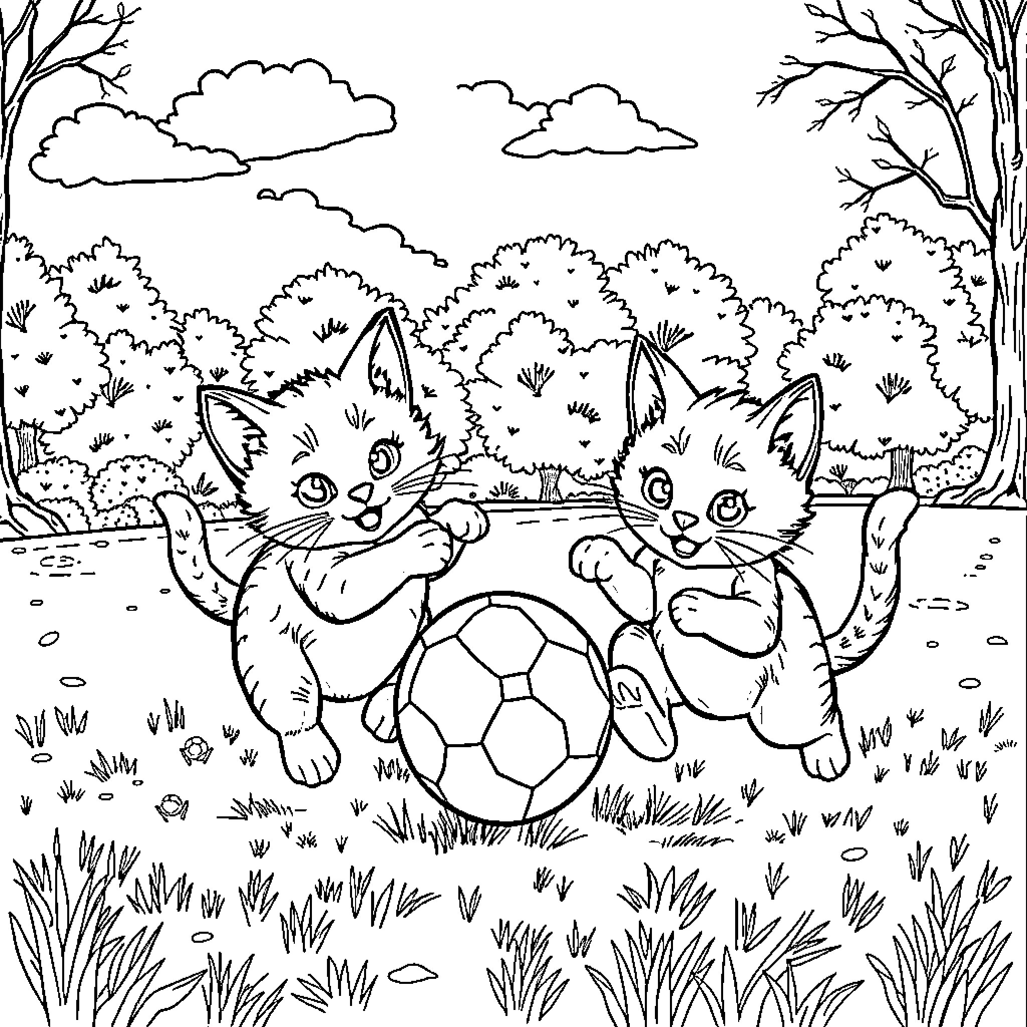 Cat kittens playing with soccer ball in forest Coloring Page (free black-and-white line drawing printable PDF for all, from beginners to advanced learners, including children, teens, adults, and seniors)