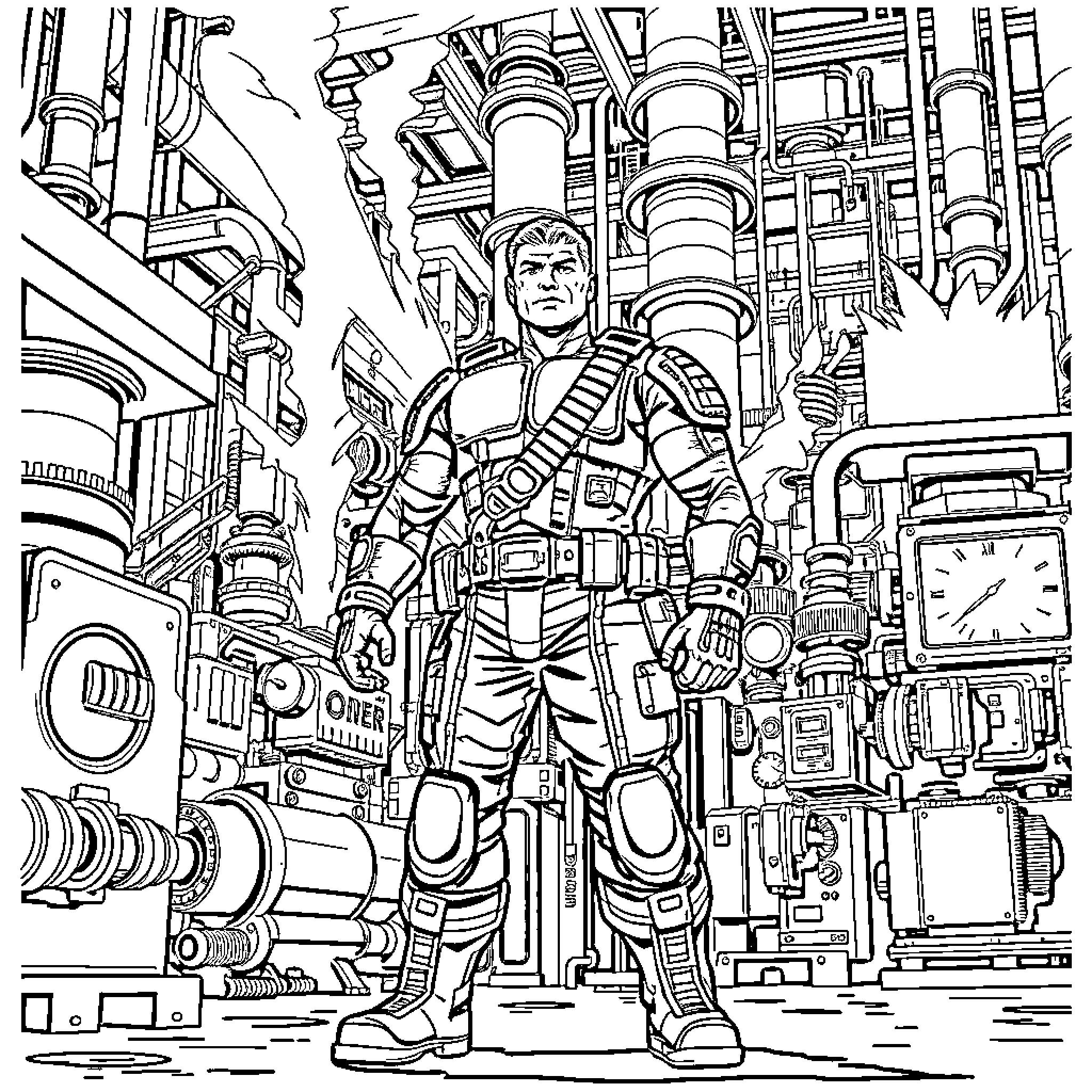 GI Joe in futuristic combat gear stands ready for action Coloring Page (free black-and-white line drawing printable PDF for all, from beginners to advanced learners, including children, teens, adults, and seniors)