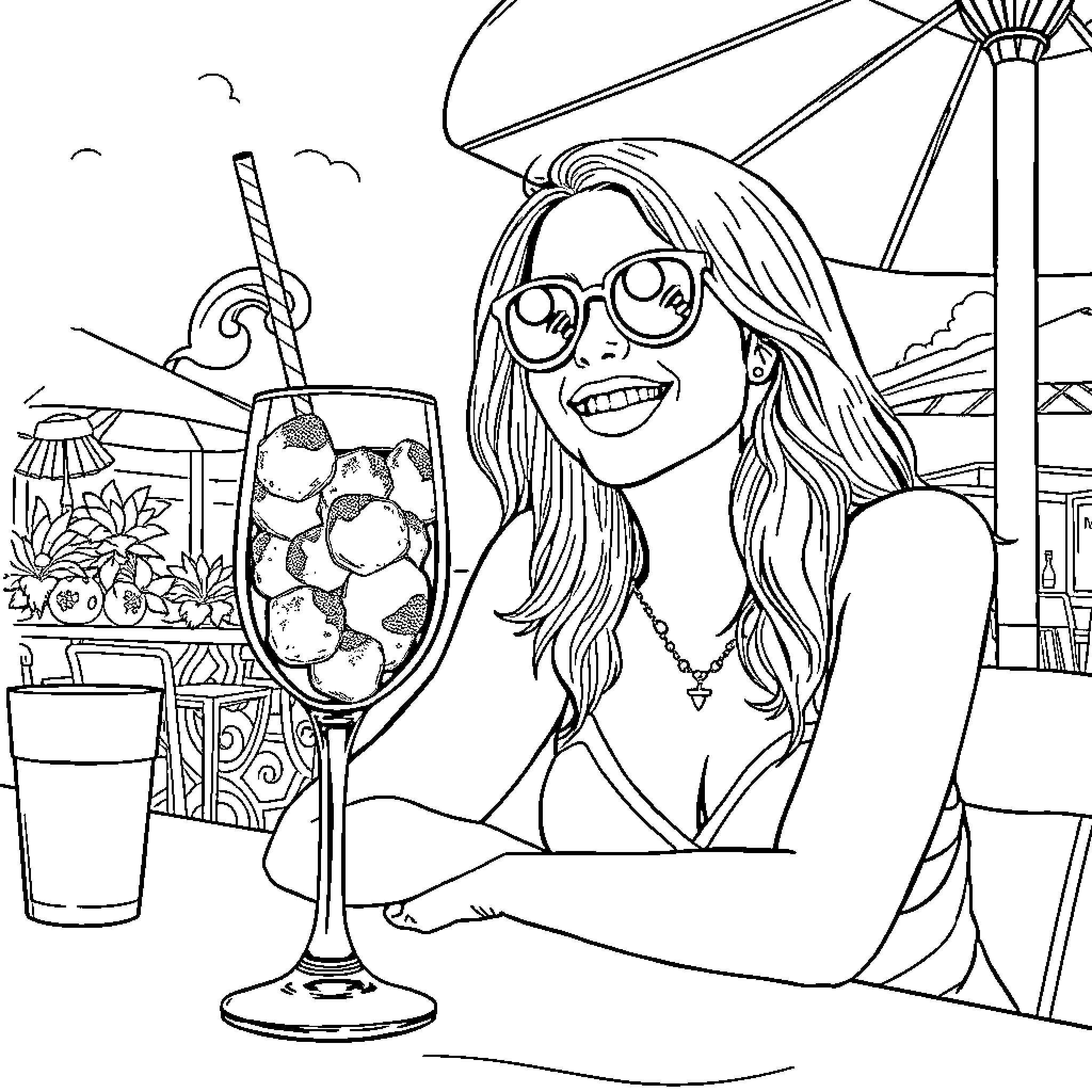 Aperol Spritz Moment at the Beach Coloring Page (free black-and-white line drawing printable PDF for all, from beginners to advanced learners, including children, teens, adults, and seniors)