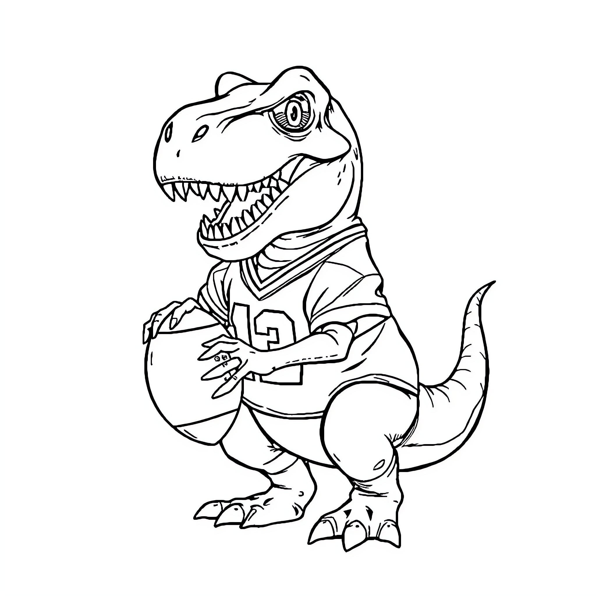 T-Rex in Sporty Attire Coloring Page (free black-and-white line drawing printable PDF for all, from beginners to advanced learners, including children, teens, adults, and seniors)