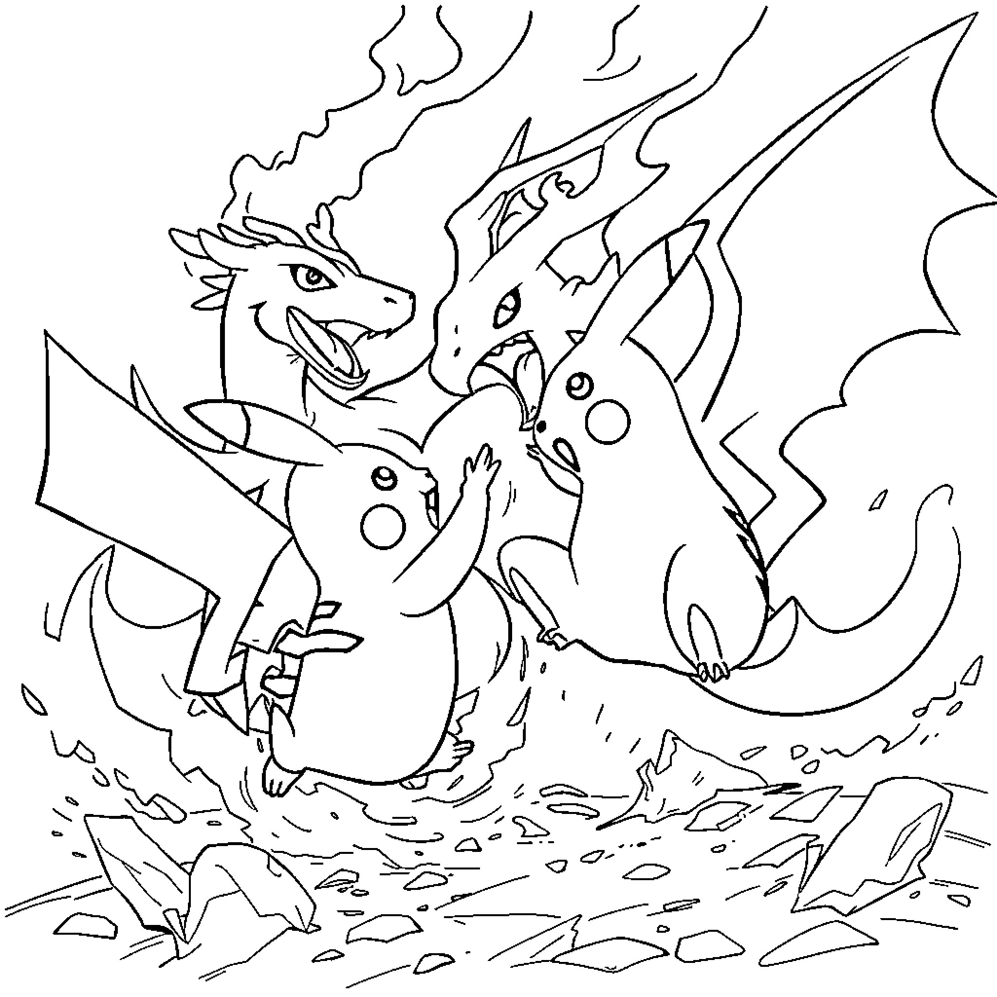 Pikachu battling fierce dragon-like creatures Coloring Page (free black-and-white line drawing printable PDF for all, from beginners to advanced learners, including children, teens, adults, and seniors)