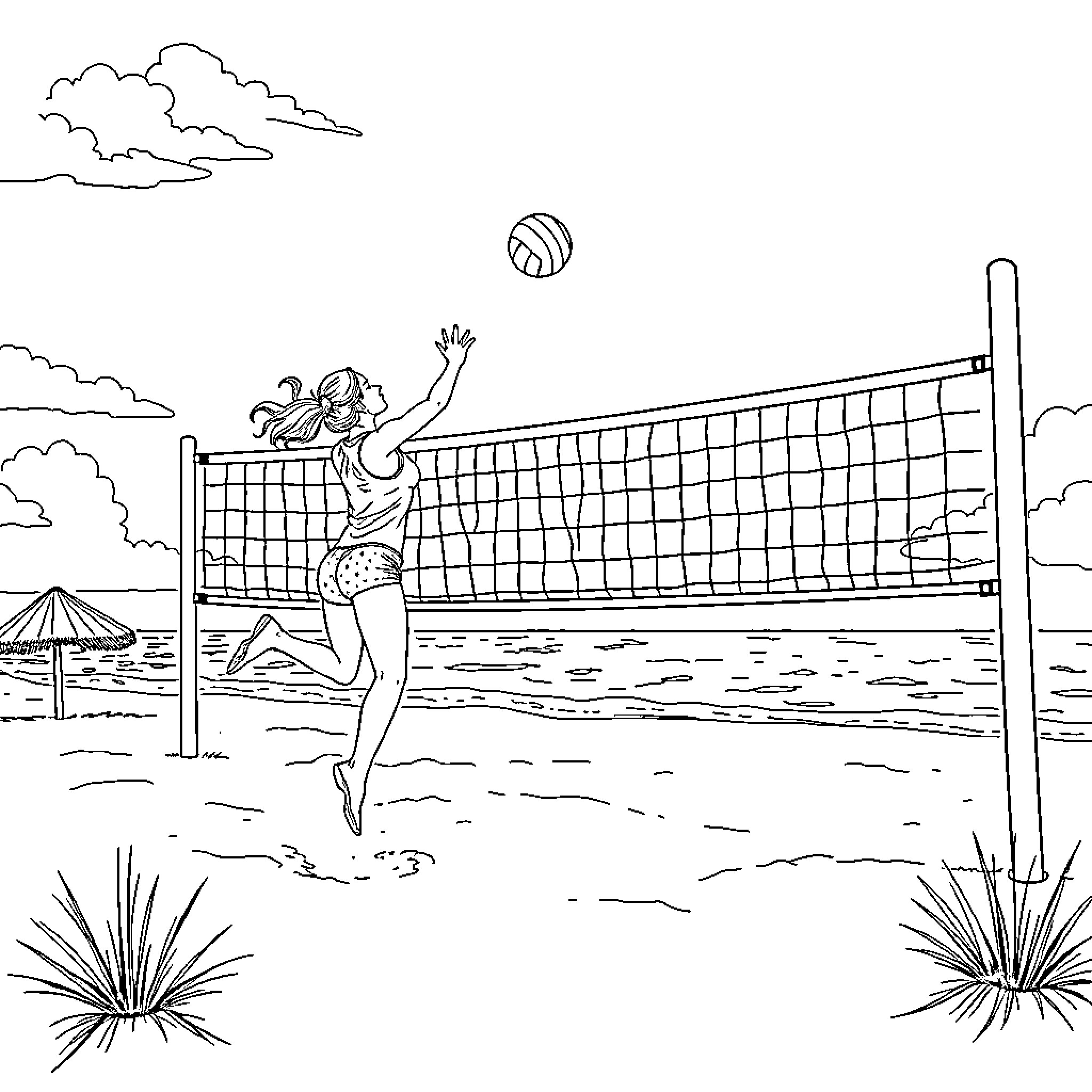 Woman playing beach volleyball in summer scenery Coloring Page (free black-and-white line drawing printable PDF for all, from beginners to advanced learners, including children, teens, adults, and seniors)
