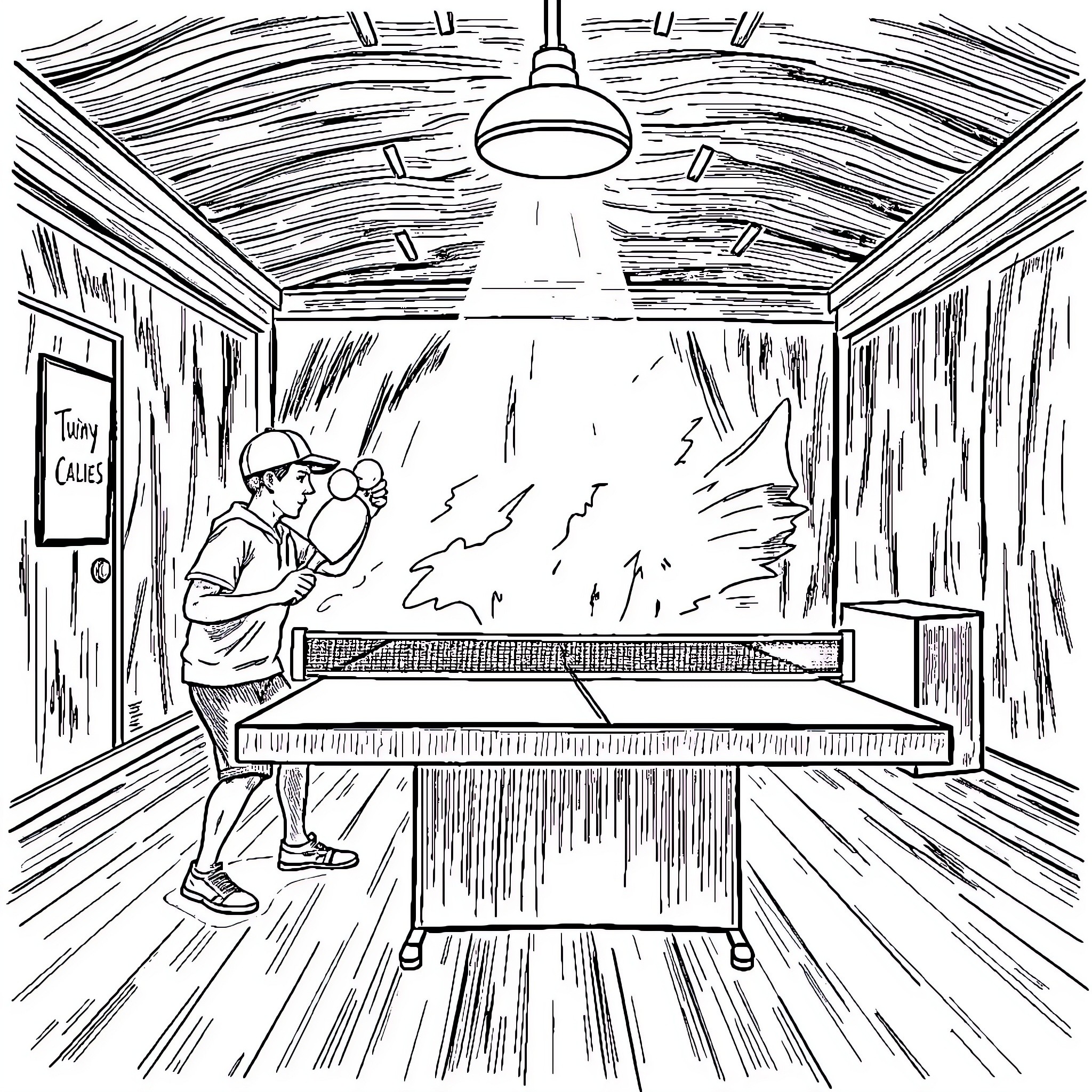 Wednesday Adams plays ping-pong in a dimly lit room Coloring Page (free black-and-white line drawing printable PDF for all, from beginners to advanced learners, including children, teens, adults, and seniors)