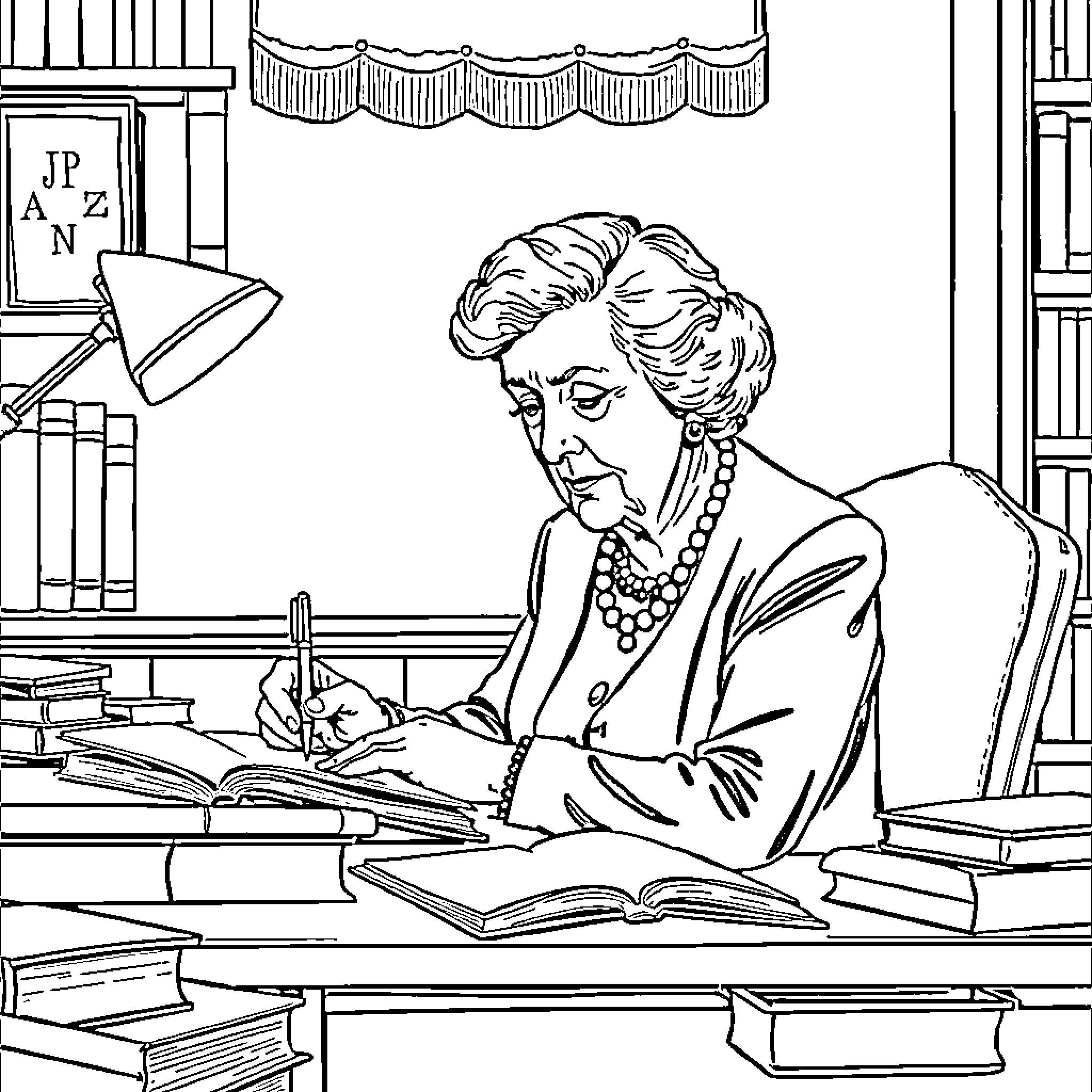 Agatha Christie at work in her study Coloring Page (free black-and-white line drawing printable PDF for all, from beginners to advanced learners, including children, teens, adults, and seniors)