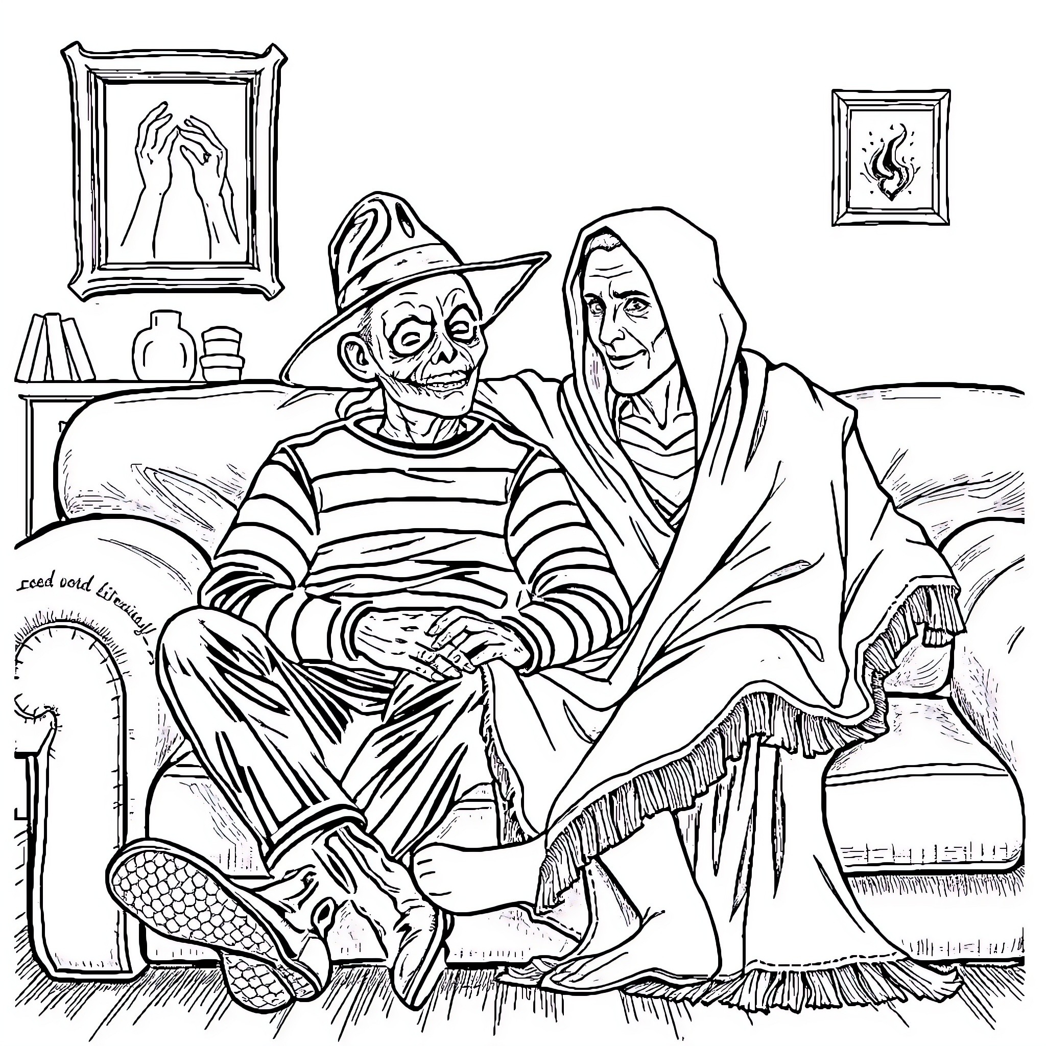 Freddy Krueger relaxing with mysterious companion Coloring Page (free black-and-white line drawing printable PDF for all, from beginners to advanced learners, including children, teens, adults, and seniors)