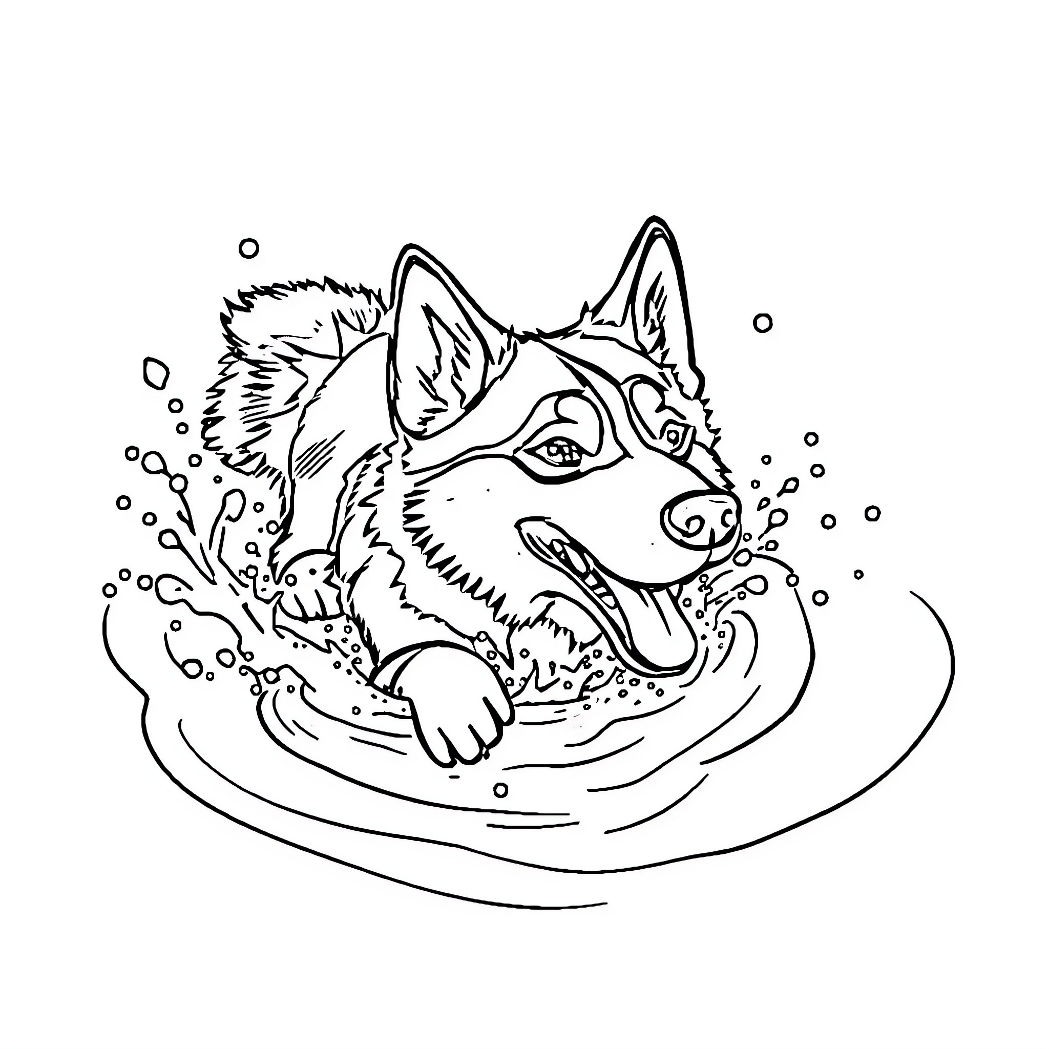 Husky swimming happily in water Coloring Page (free black-and-white line drawing printable PDF for all, from beginners to advanced learners, including children, teens, adults, and seniors)