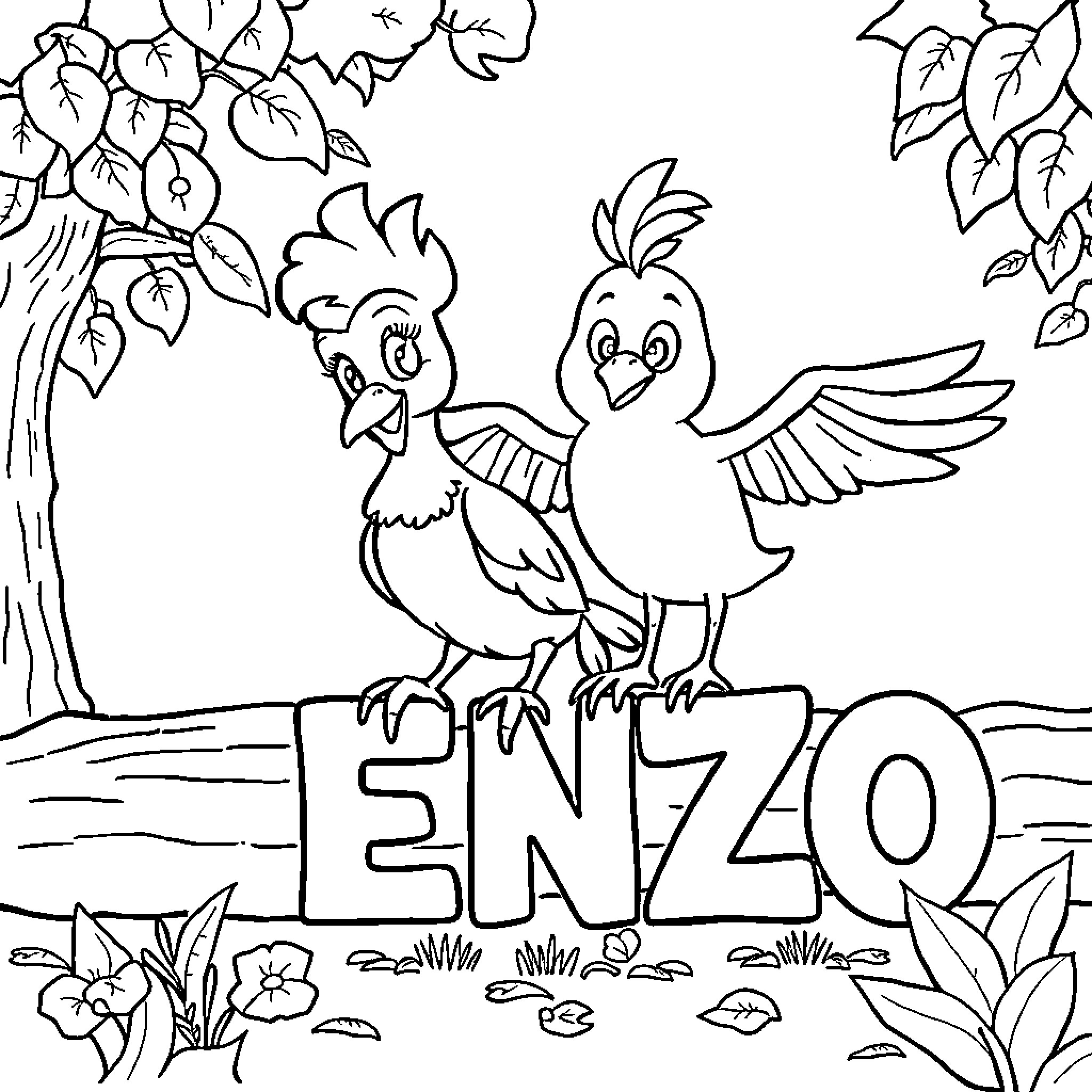 Owls playing in the forest near Enzo's name Coloring Page (free black-and-white line drawing printable PDF for all, from beginners to advanced learners, including children, teens, adults, and seniors)