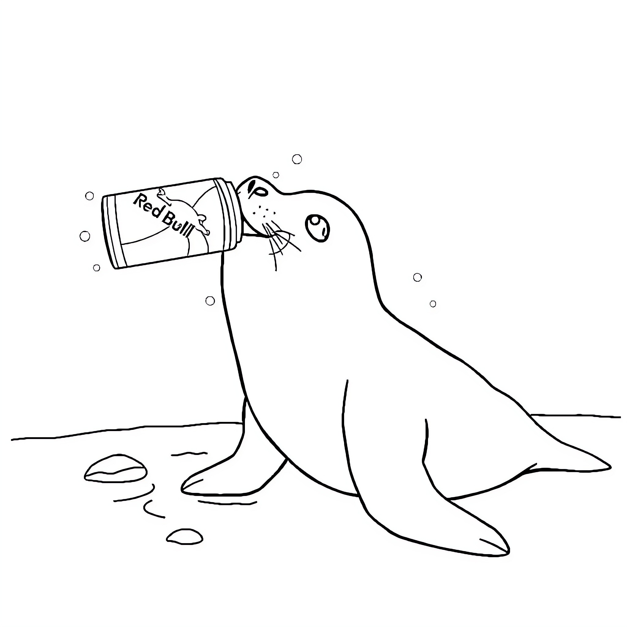Seal enjoying a refreshing Red Bull drink Coloring Page (free black-and-white line drawing printable PDF for all, from beginners to advanced learners, including children, teens, adults, and seniors)