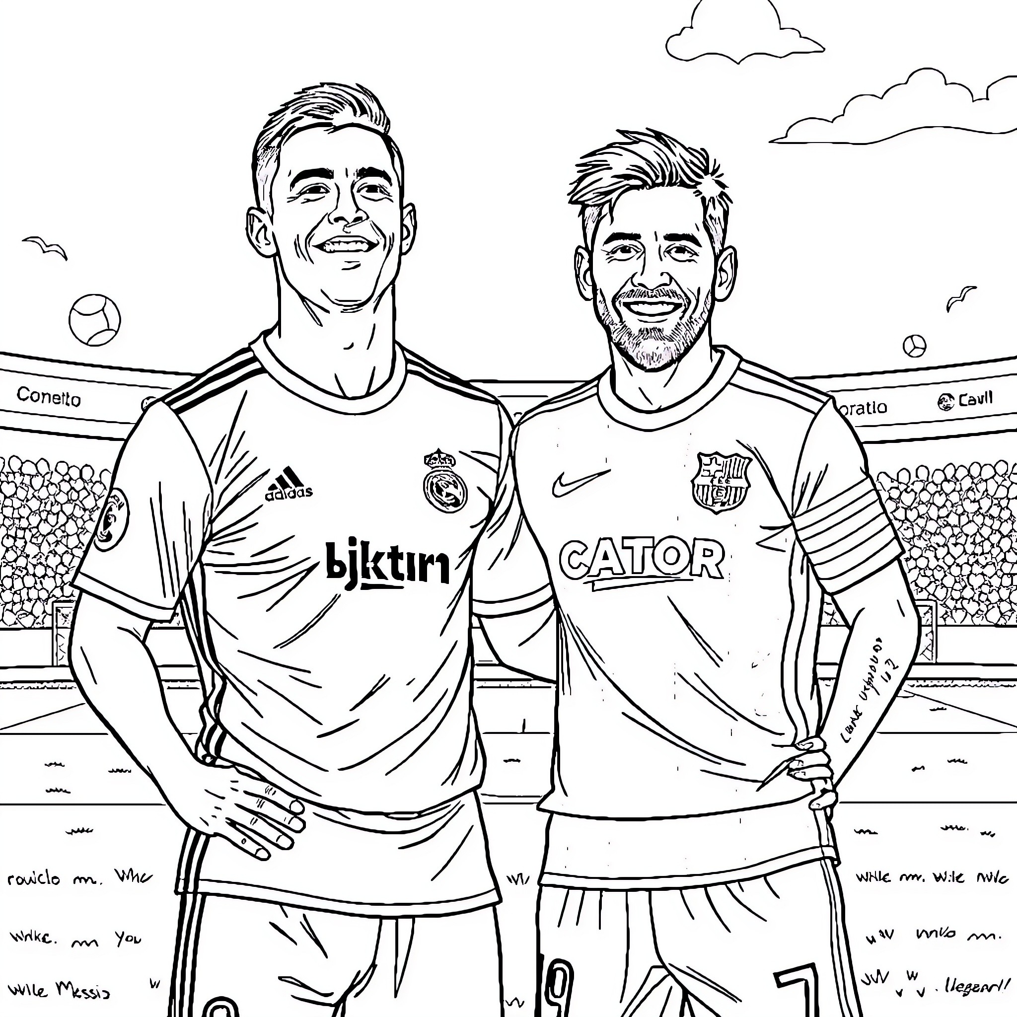 Cristiano Ronaldo and Lionel Messi posing in soccer uniforms Coloring Page (free black-and-white line drawing printable PDF for all, from beginners to advanced learners, including children, teens, adults, and seniors)