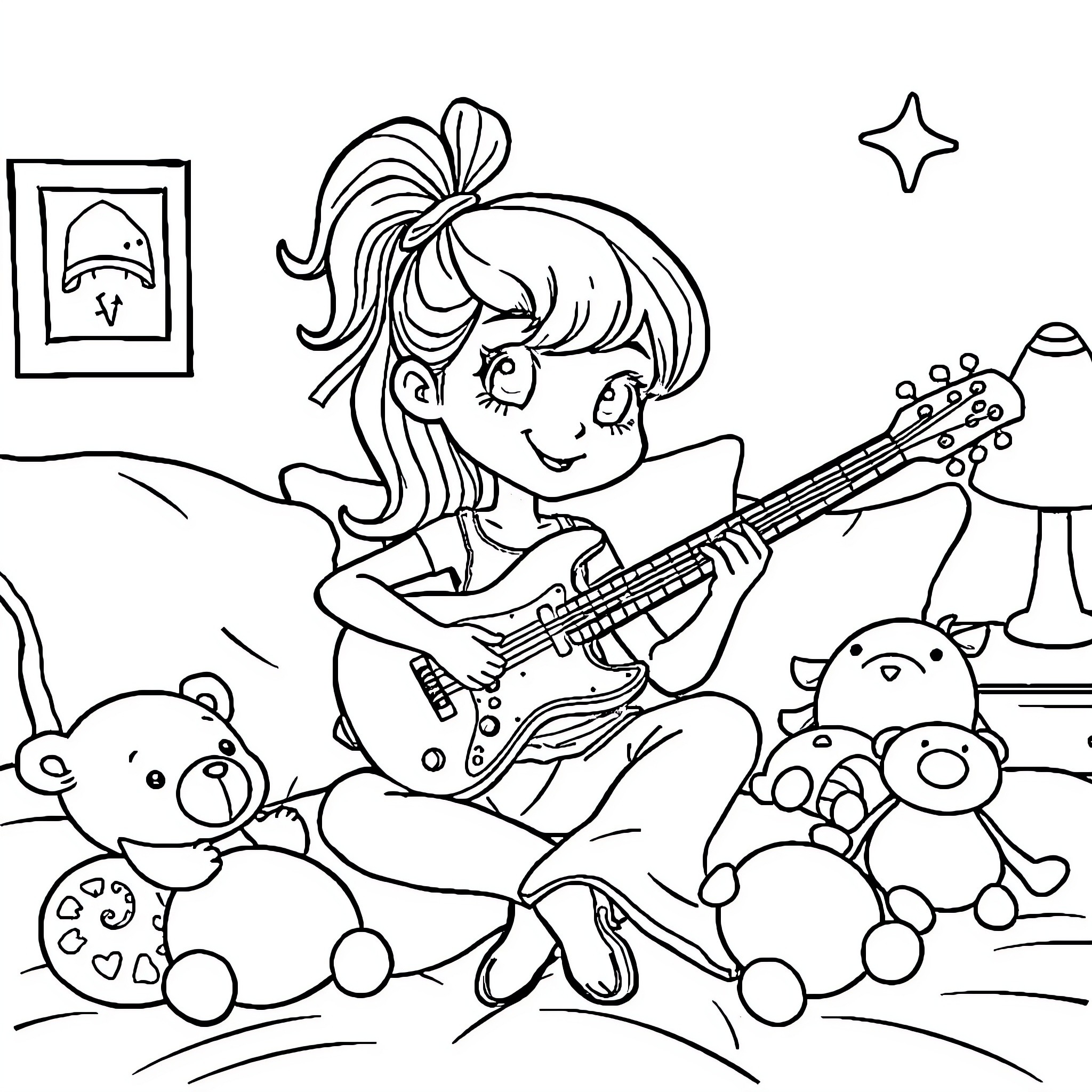 Girl playing guitar surrounded by stuffed animals Coloring Page (free black-and-white line drawing printable PDF for all, from beginners to advanced learners, including children, teens, adults, and seniors)