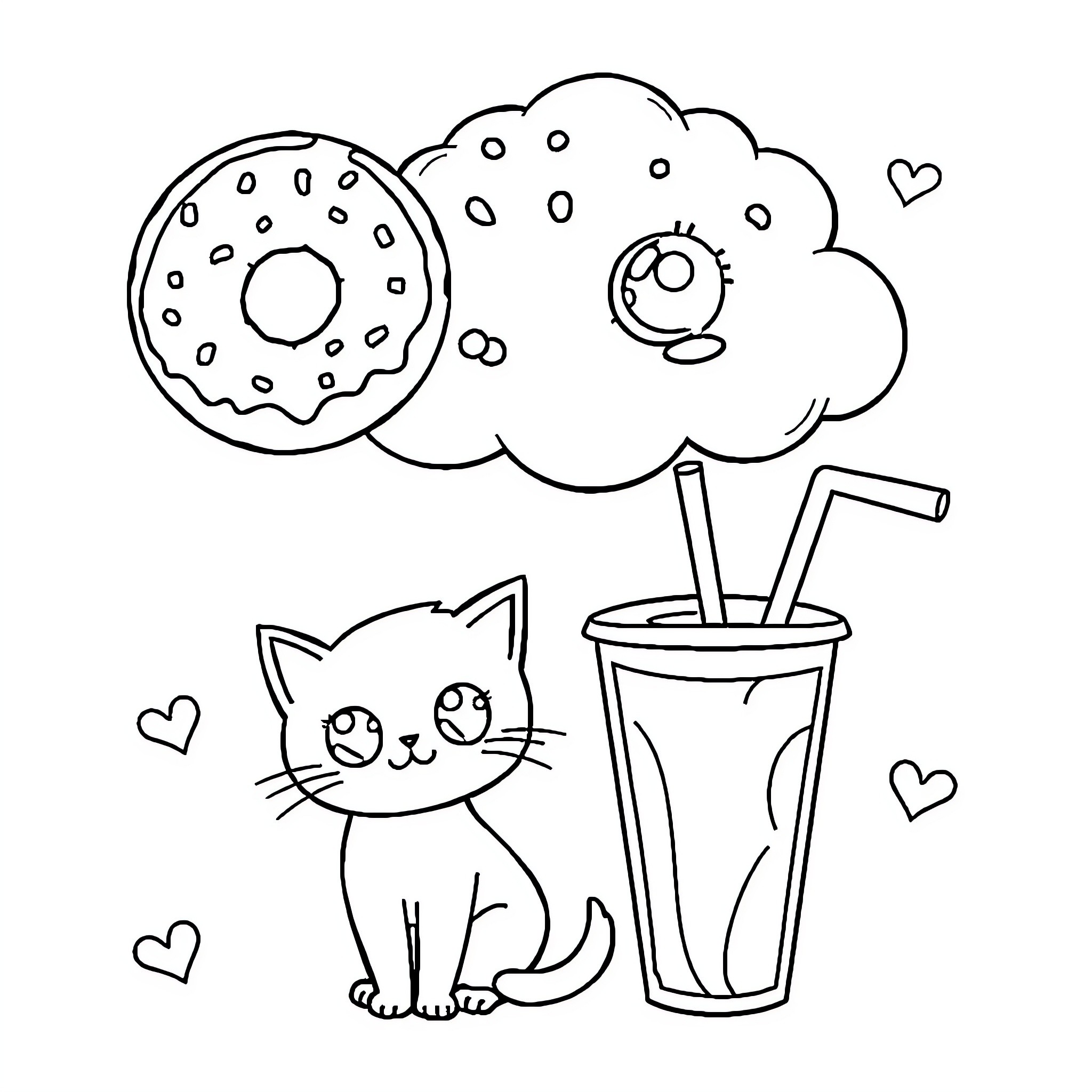 Doodle of a Playful Cat with Donuts and Beverages Coloring Page (free black-and-white line drawing printable PDF for all, from beginners to advanced learners, including children, teens, adults, and seniors)