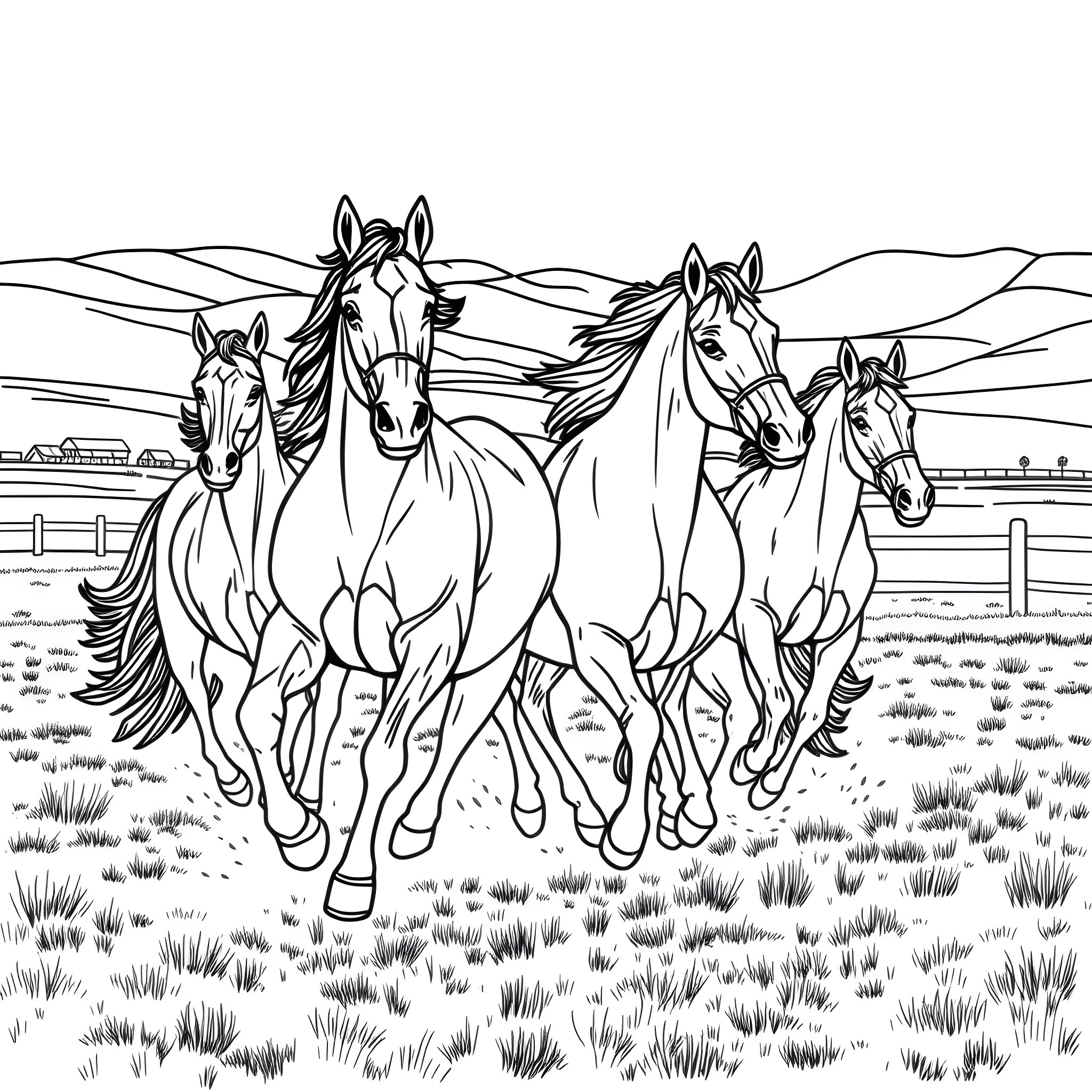 Horse herd galloping in open field Coloring Page (free black-and-white line drawing printable PDF for all, from beginners to advanced learners, including children, teens, adults, and seniors)
