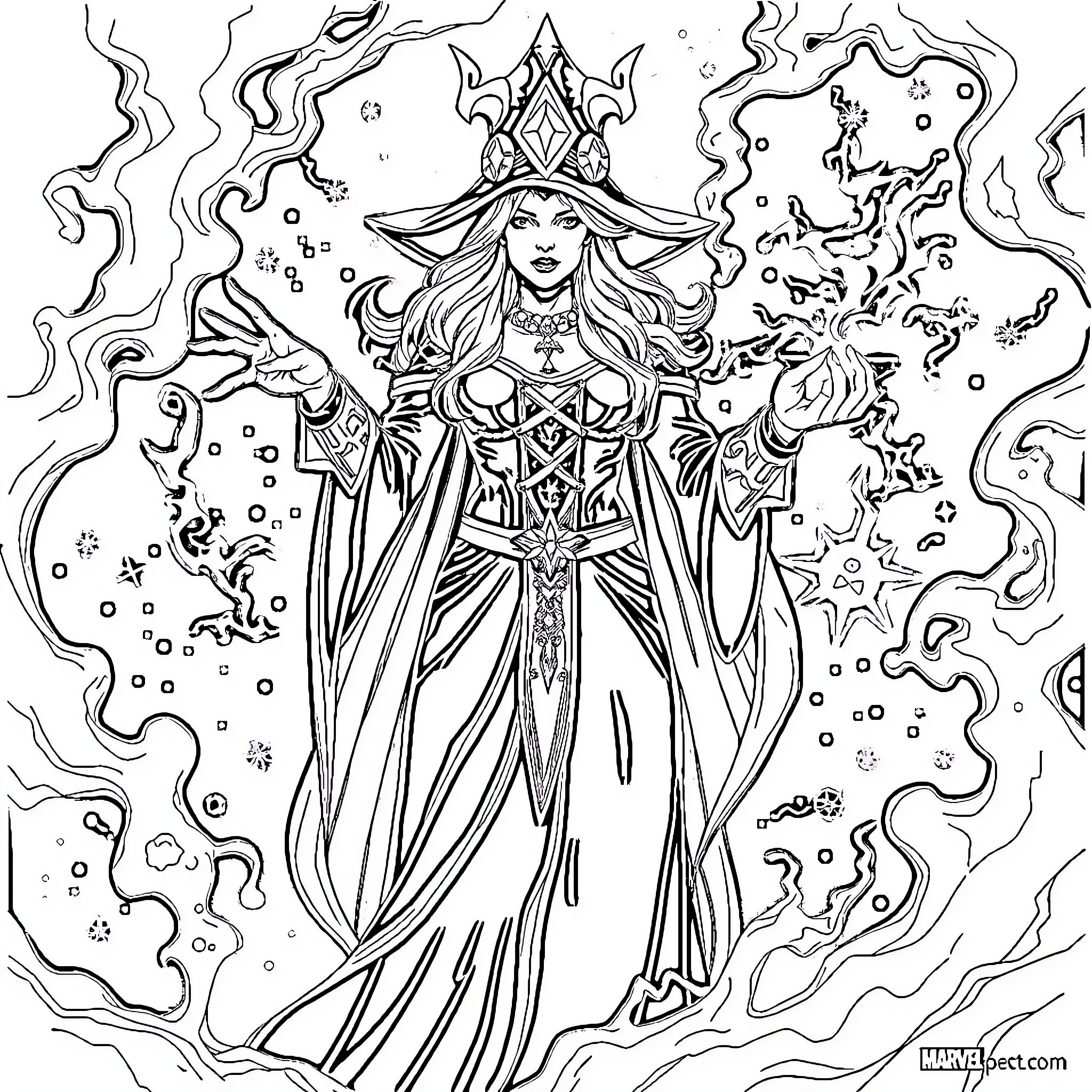 Magik: Enchantress in Ethereal Embrace Coloring Page (free black-and-white line drawing printable PDF for all, from beginners to advanced learners, including children, teens, adults, and seniors)