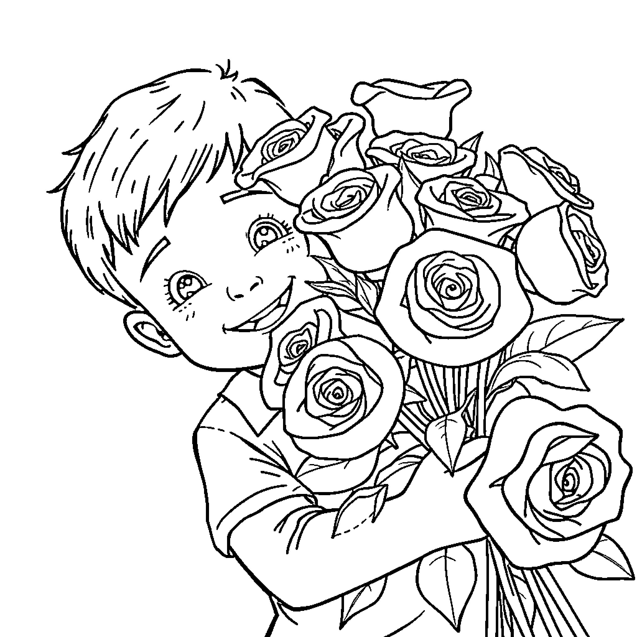 Rose Bouquet Gifted with Joy Coloring Page (free black-and-white line drawing printable PDF for all, from beginners to advanced learners, including children, teens, adults, and seniors)