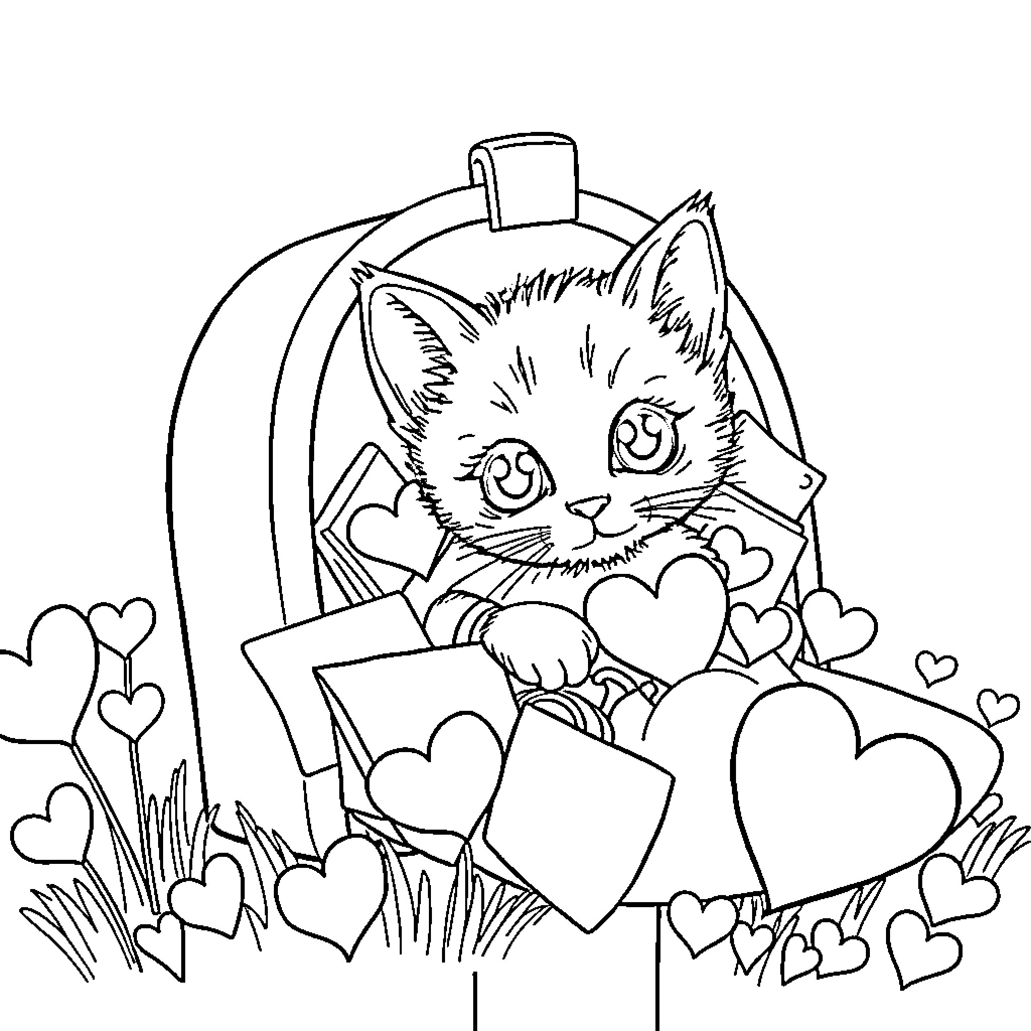 Kitten playing with heart-shaped objects in a basket Coloring Page (free black-and-white line drawing printable PDF for all, from beginners to advanced learners, including children, teens, adults, and seniors)