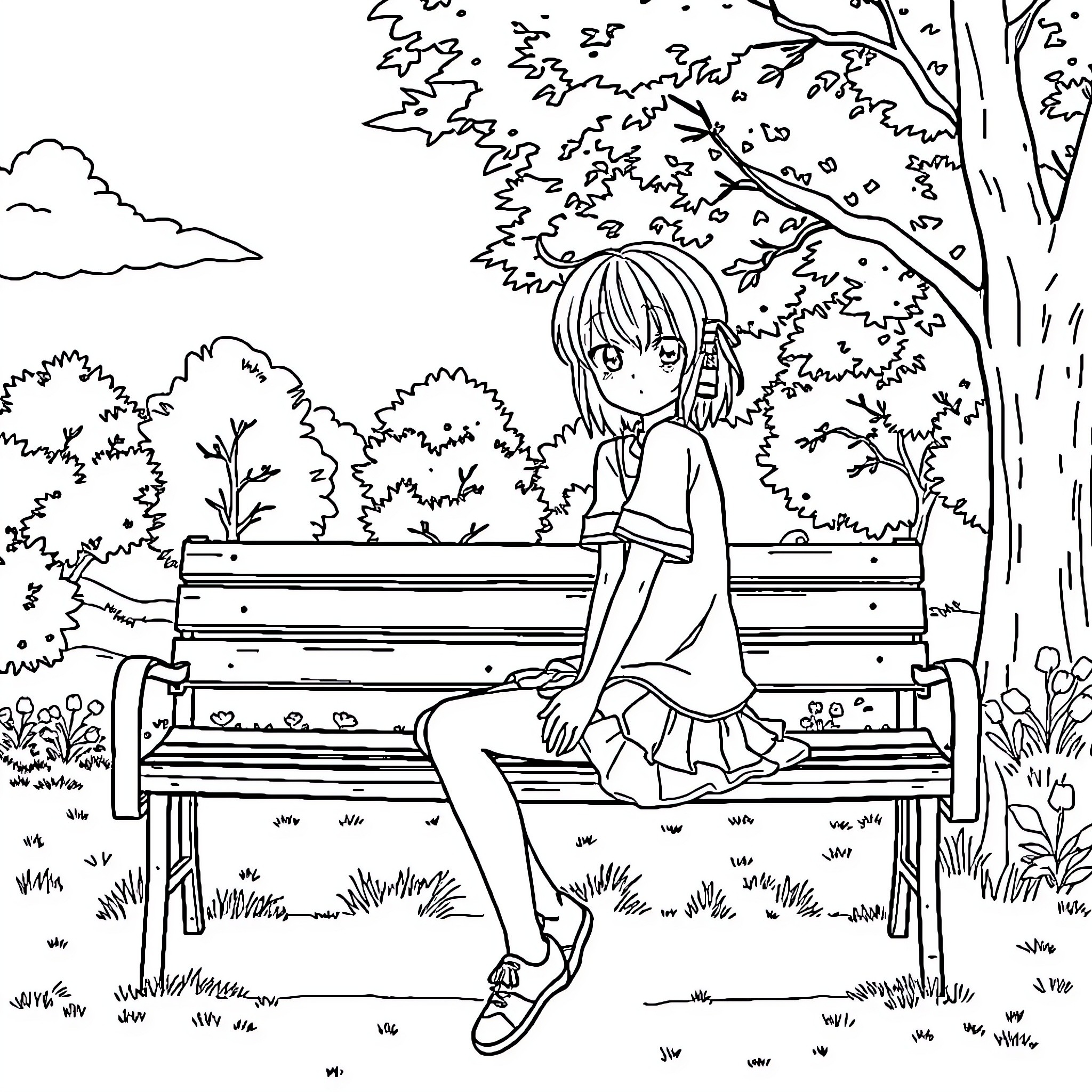 Anime Character sitting alone on a park bench Coloring Page (free black-and-white line drawing printable PDF for all, from beginners to advanced learners, including children, teens, adults, and seniors)