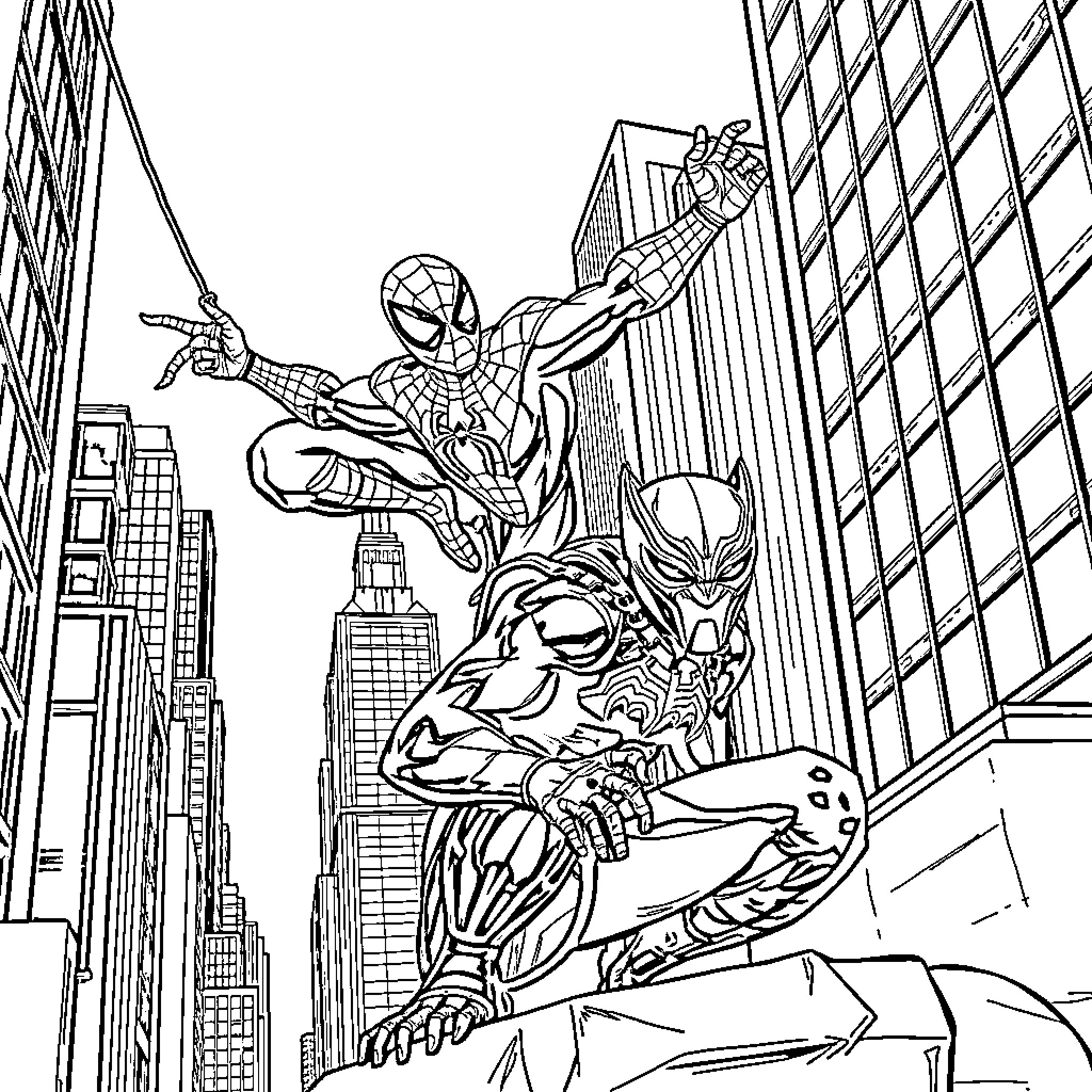 Spider-Man swinging through city skyline with villains Coloring Page (free black-and-white line drawing printable PDF for all, from beginners to advanced learners, including children, teens, adults, and seniors)