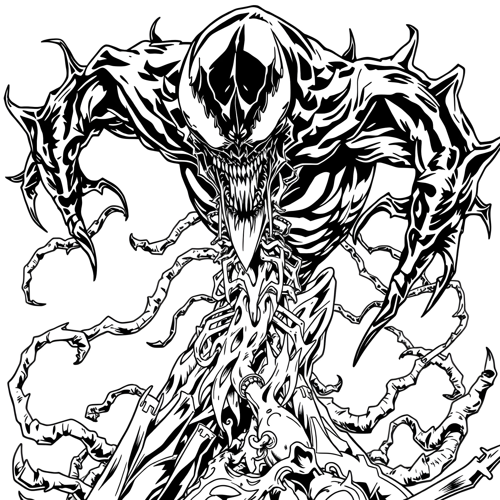 Bizarnage: Monstrous Creature Unleashing Chaos Coloring Page (free black-and-white line drawing printable PDF for all, from beginners to advanced learners, including children, teens, adults, and seniors)