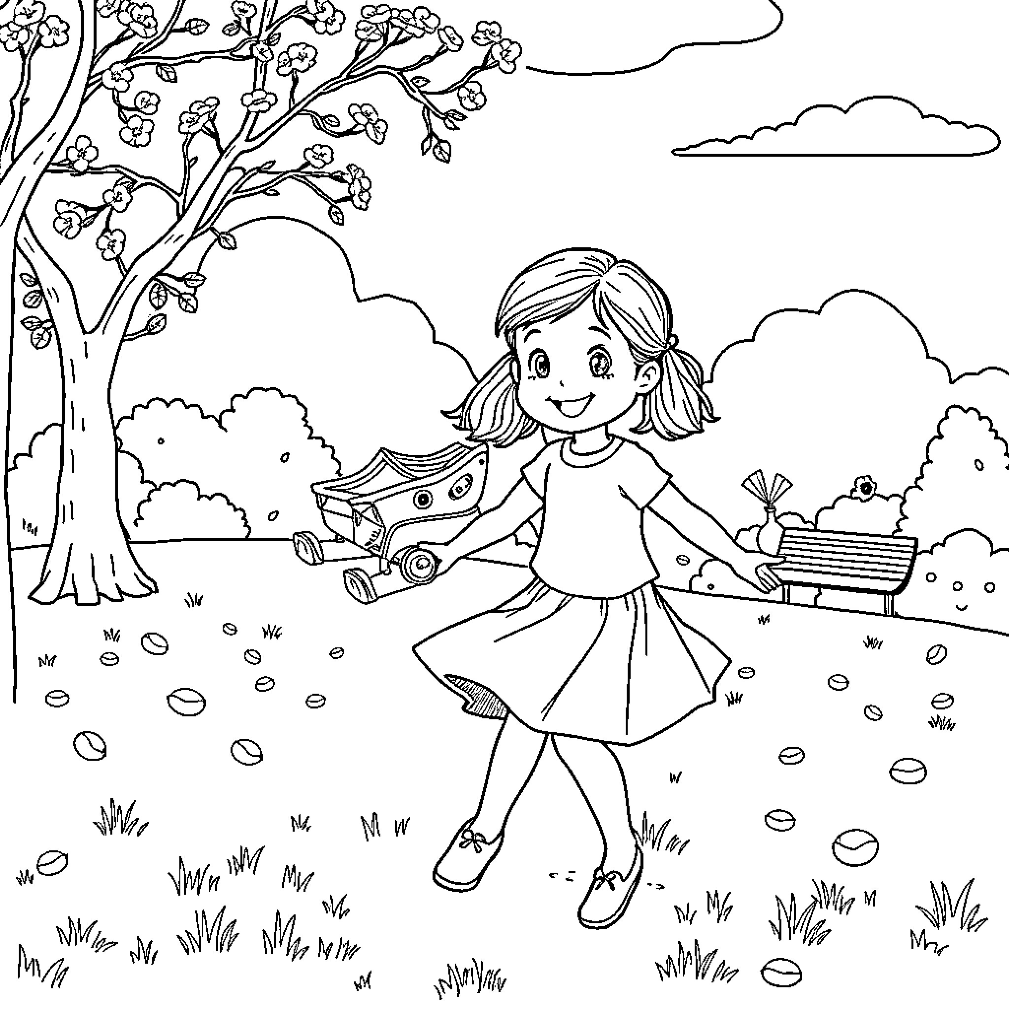 Girl exploring nature happily with a wagon Coloring Page (free black-and-white line drawing printable PDF for all, from beginners to advanced learners, including children, teens, adults, and seniors)