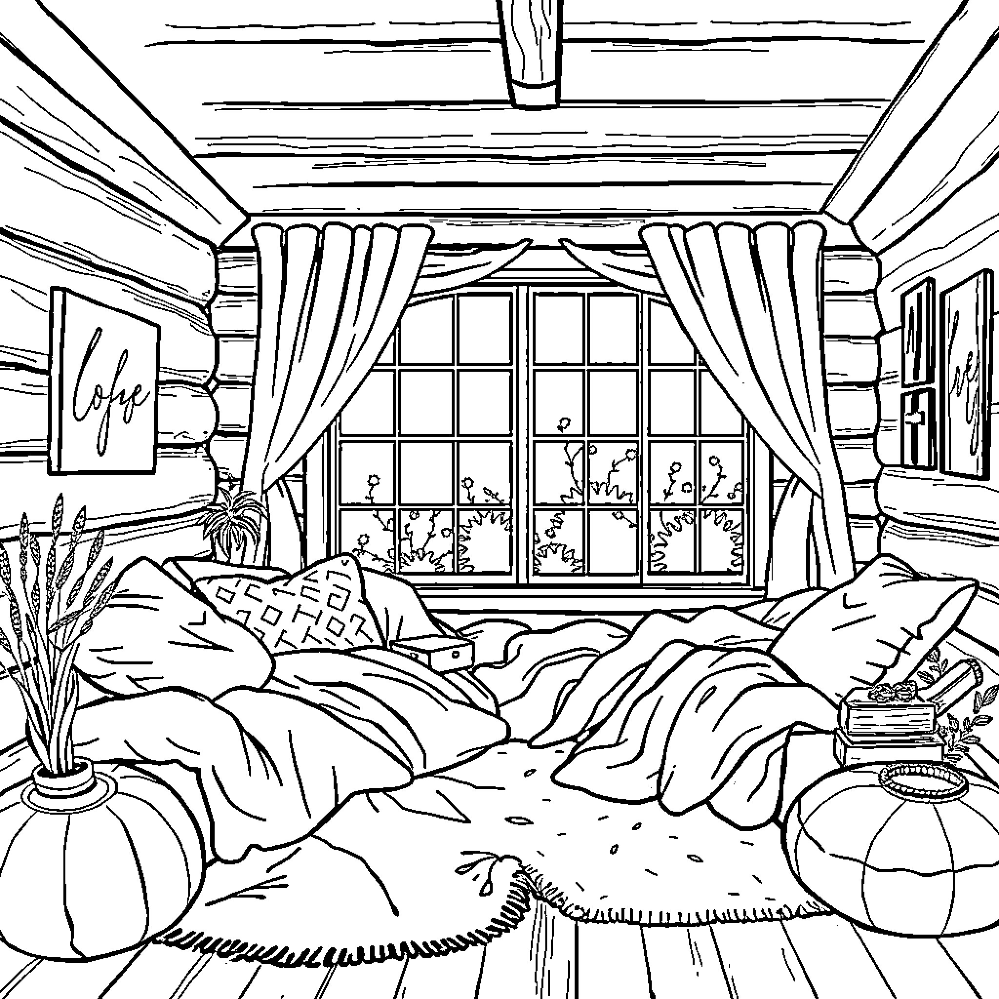 Cozy cabin interior with inviting bed and window Coloring Page (free black-and-white line drawing printable PDF for all, from beginners to advanced learners, including children, teens, adults, and seniors)