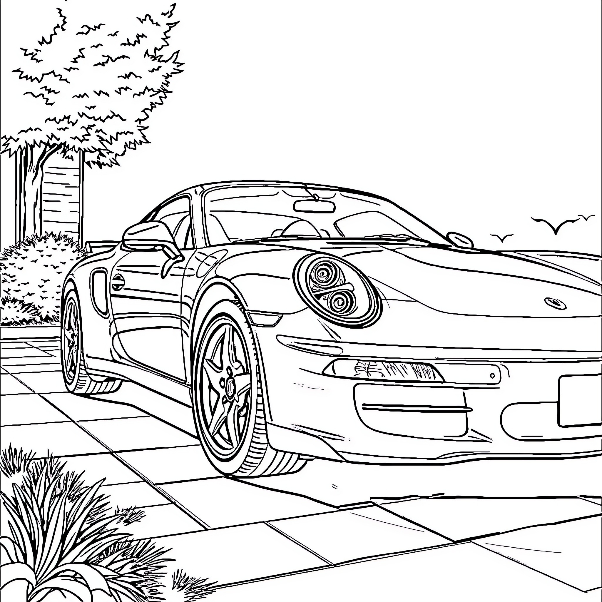 Car parked in nature's serene setting Coloring Page (free black-and-white line drawing printable PDF for all, from beginners to advanced learners, including children, teens, adults, and seniors)
