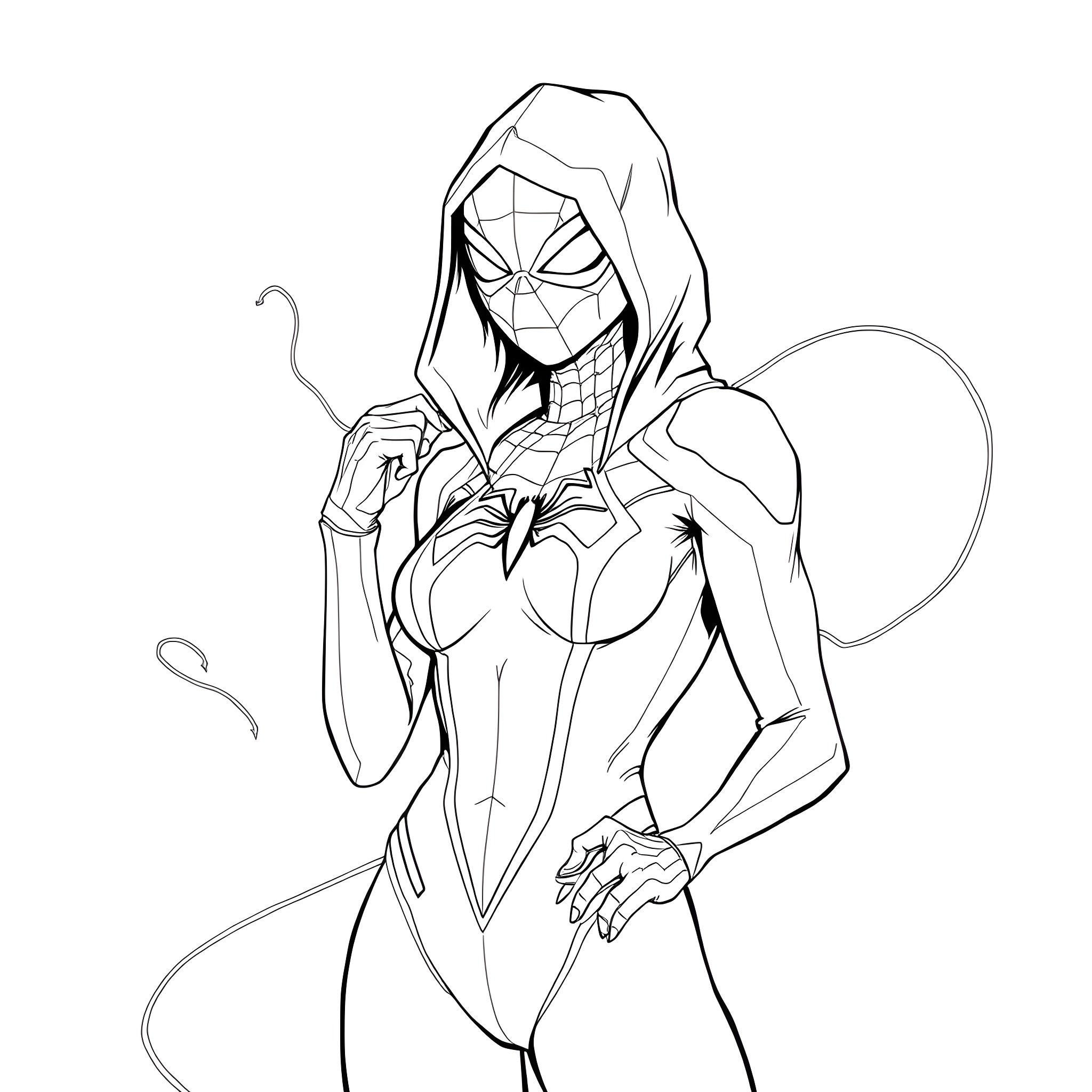 Spider Gwen in action-packed pose Coloring Page (free black-and-white line drawing printable PDF for all, from beginners to advanced learners, including children, teens, adults, and seniors)