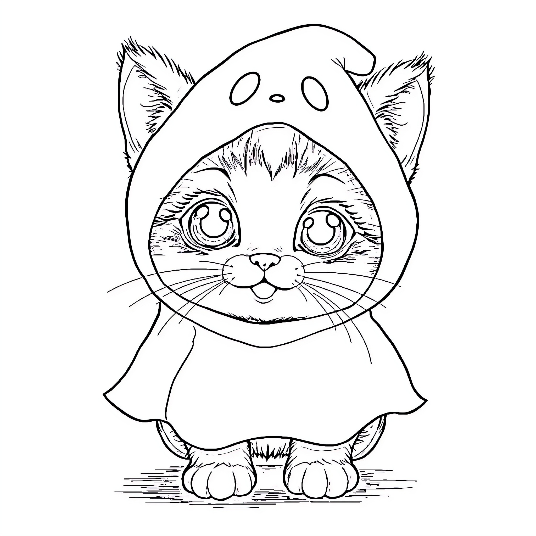 Kitten in a cute hooded outfit Coloring Page (free black-and-white line drawing printable PDF for all, from beginners to advanced learners, including children, teens, adults, and seniors)