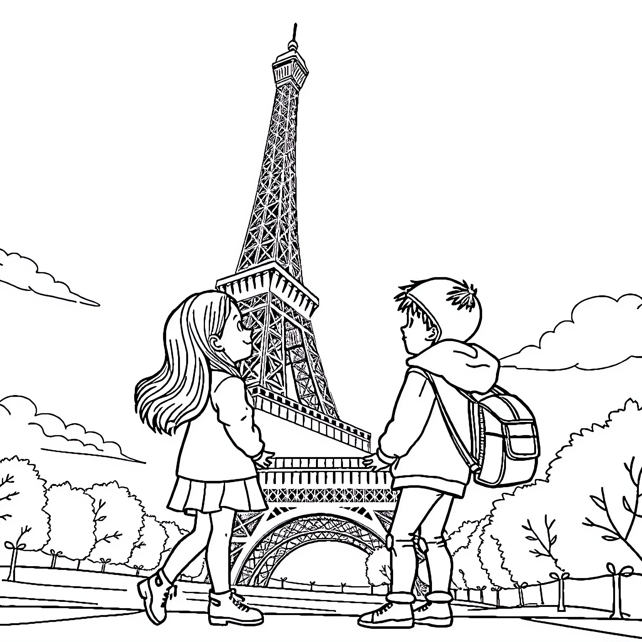 Kid exploring Paris landmark with companion Coloring Page (free black-and-white line drawing printable PDF for all, from beginners to advanced learners, including children, teens, adults, and seniors)