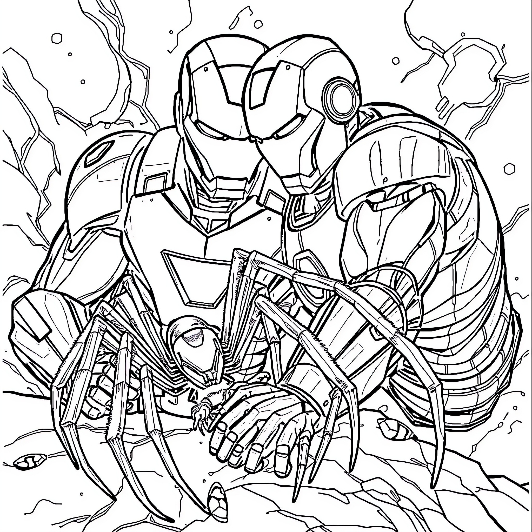 Spider-Like Mechanical Superhero in Action Coloring Page (free black-and-white line drawing printable PDF for all, from beginners to advanced learners, including children, teens, adults, and seniors)