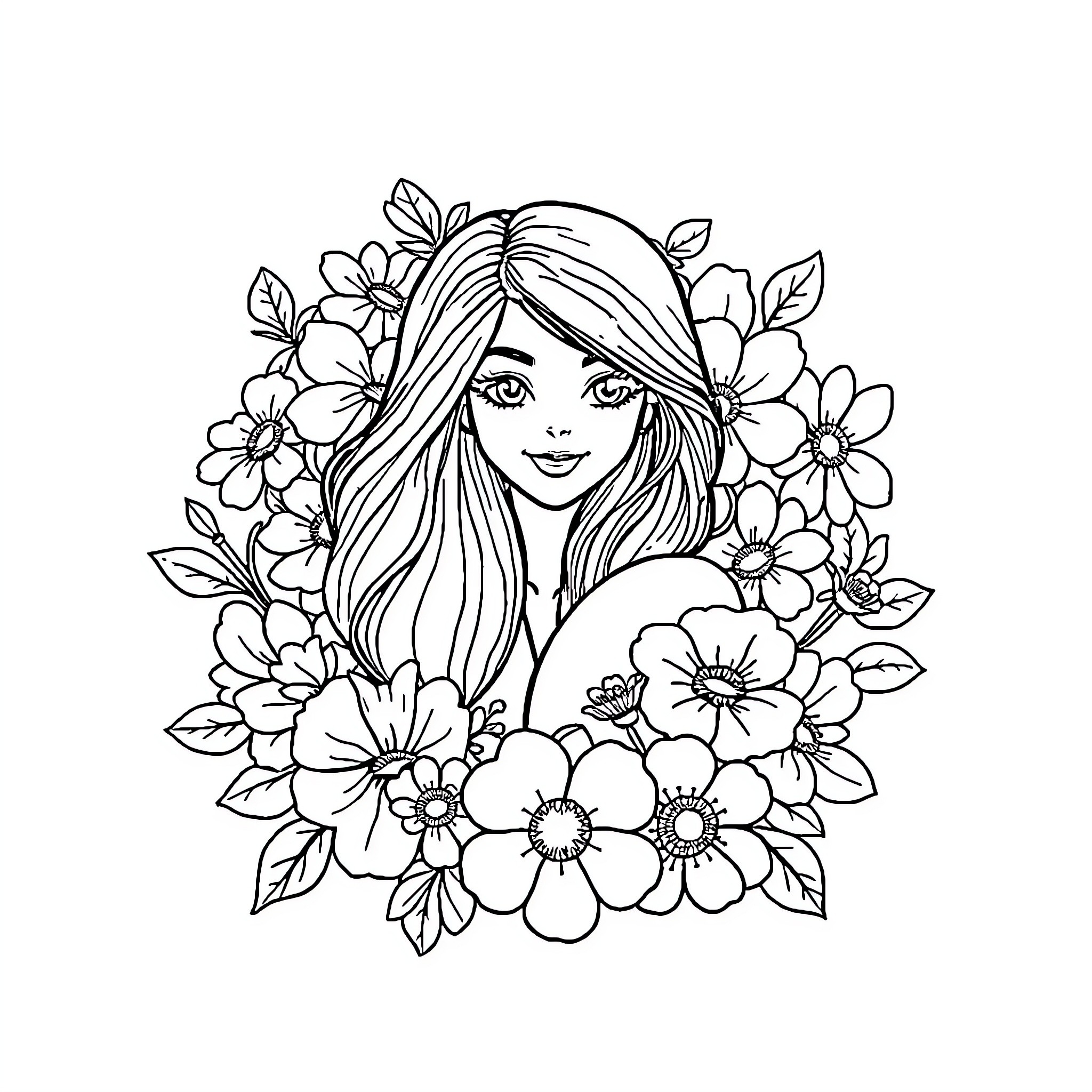 Logo of a smiling woman surrounded by flowers Coloring Page (free black-and-white line drawing printable PDF for all, from beginners to advanced learners, including children, teens, adults, and seniors)