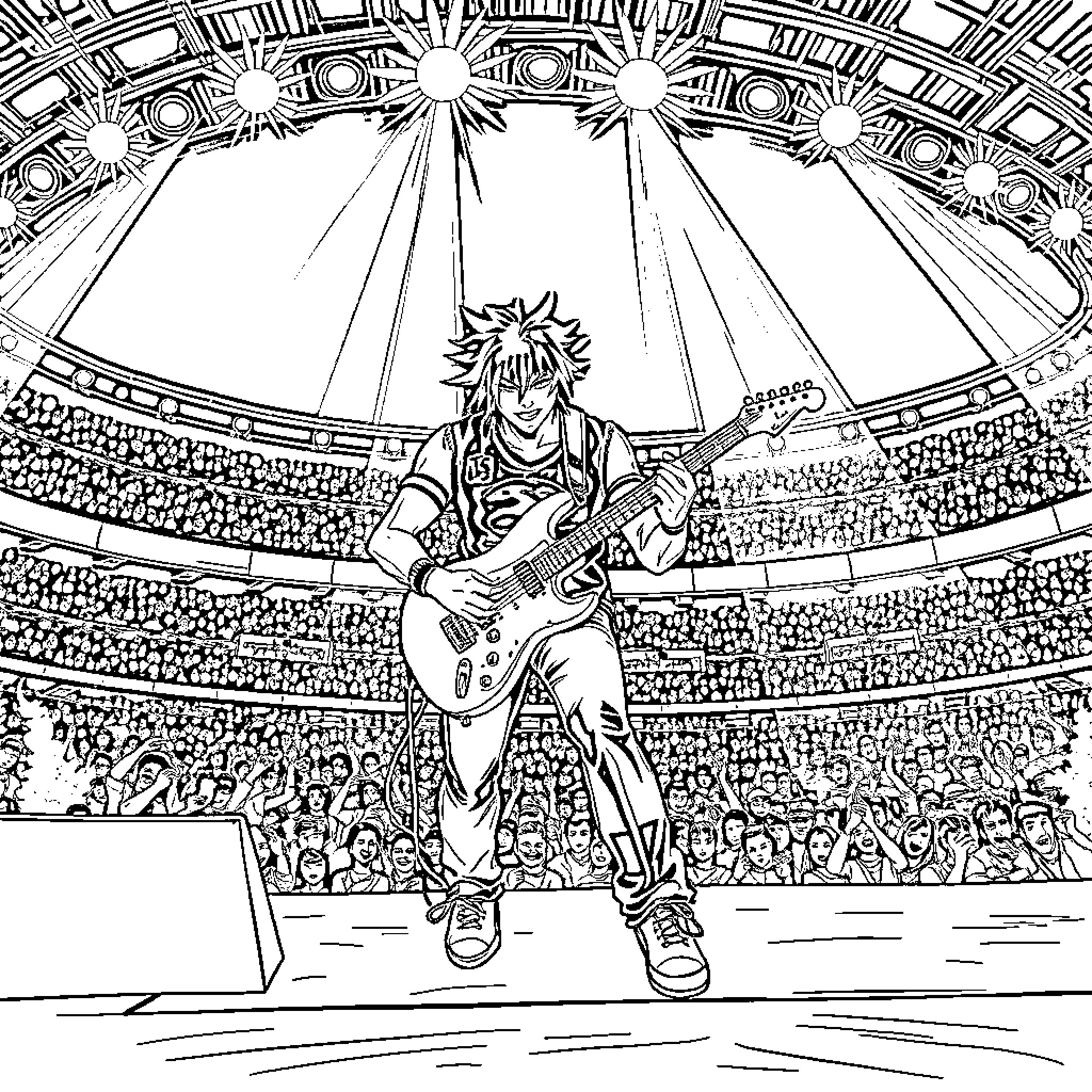 Songoku's Electrifying Guitar Performance on Stage Coloring Page (free black-and-white line drawing printable PDF for all, from beginners to advanced learners, including children, teens, adults, and seniors)