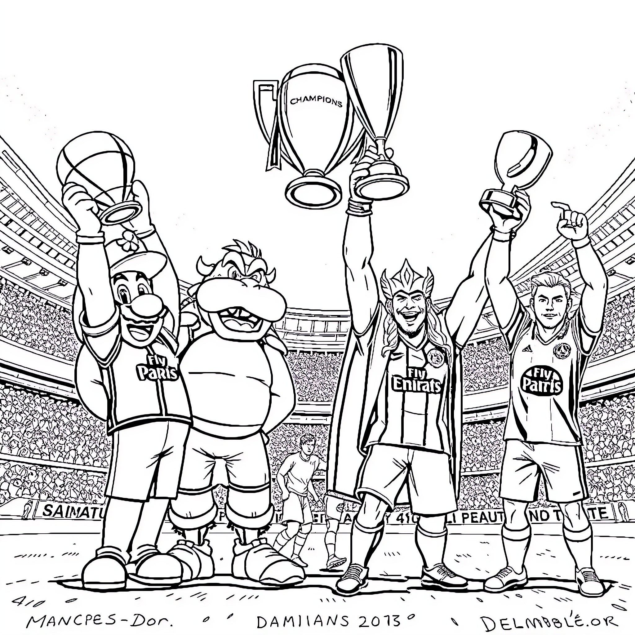 Mario Characters Celebrating Victory on the Field Coloring Page (free black-and-white line drawing printable PDF for all, from beginners to advanced learners, including children, teens, adults, and seniors)