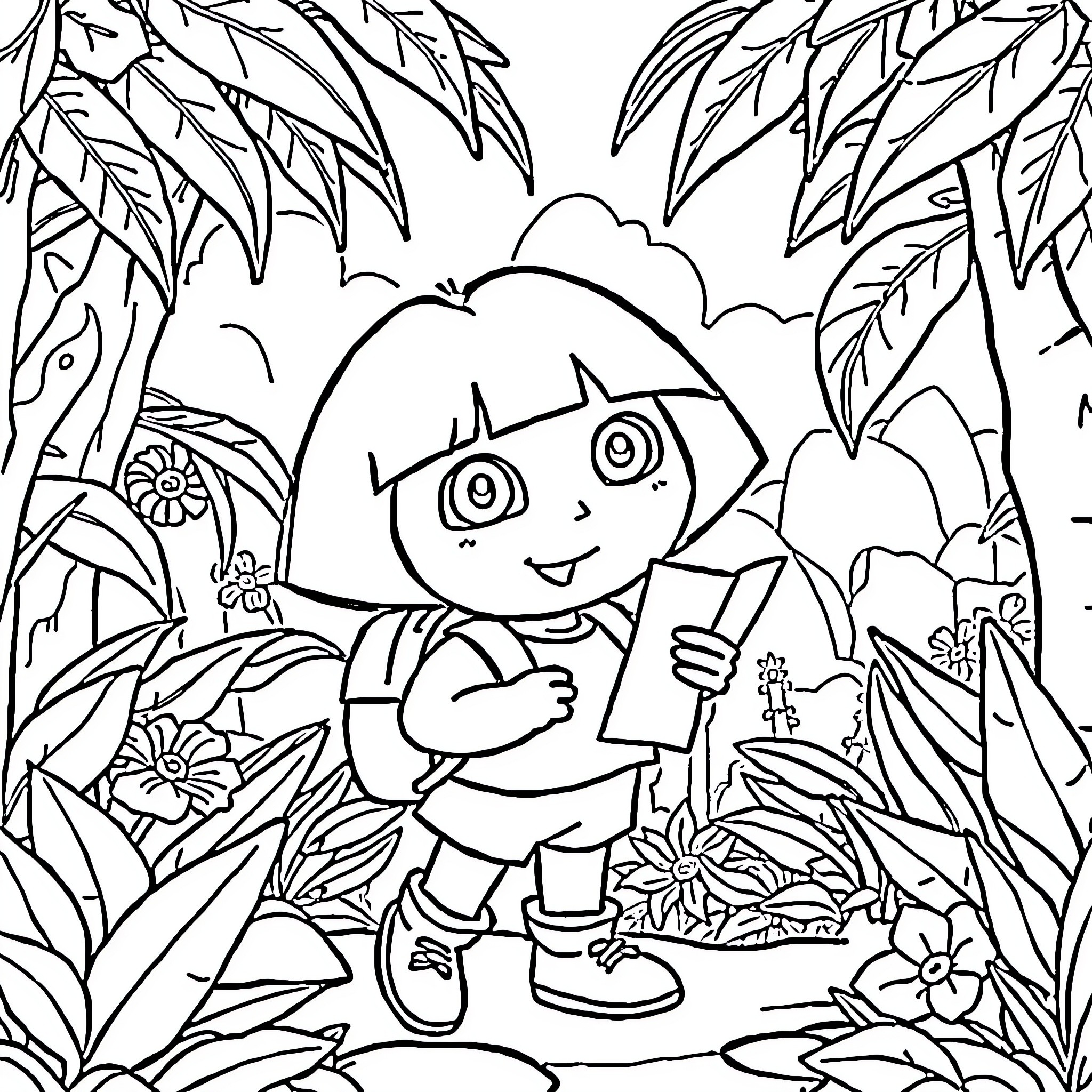 Dora exploring the lush jungle environment Coloring Page (free black-and-white line drawing printable PDF for all, from beginners to advanced learners, including children, teens, adults, and seniors)